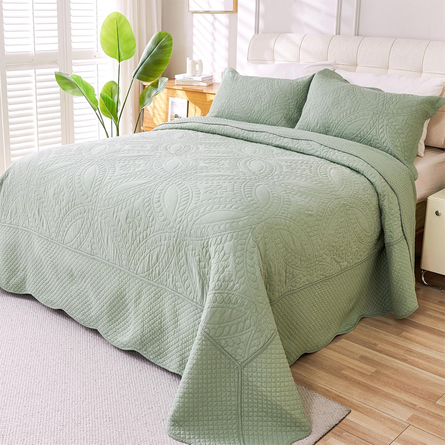 Cmfshape King Size Quilt Set Sage Green Coin Pattern 3 Piece