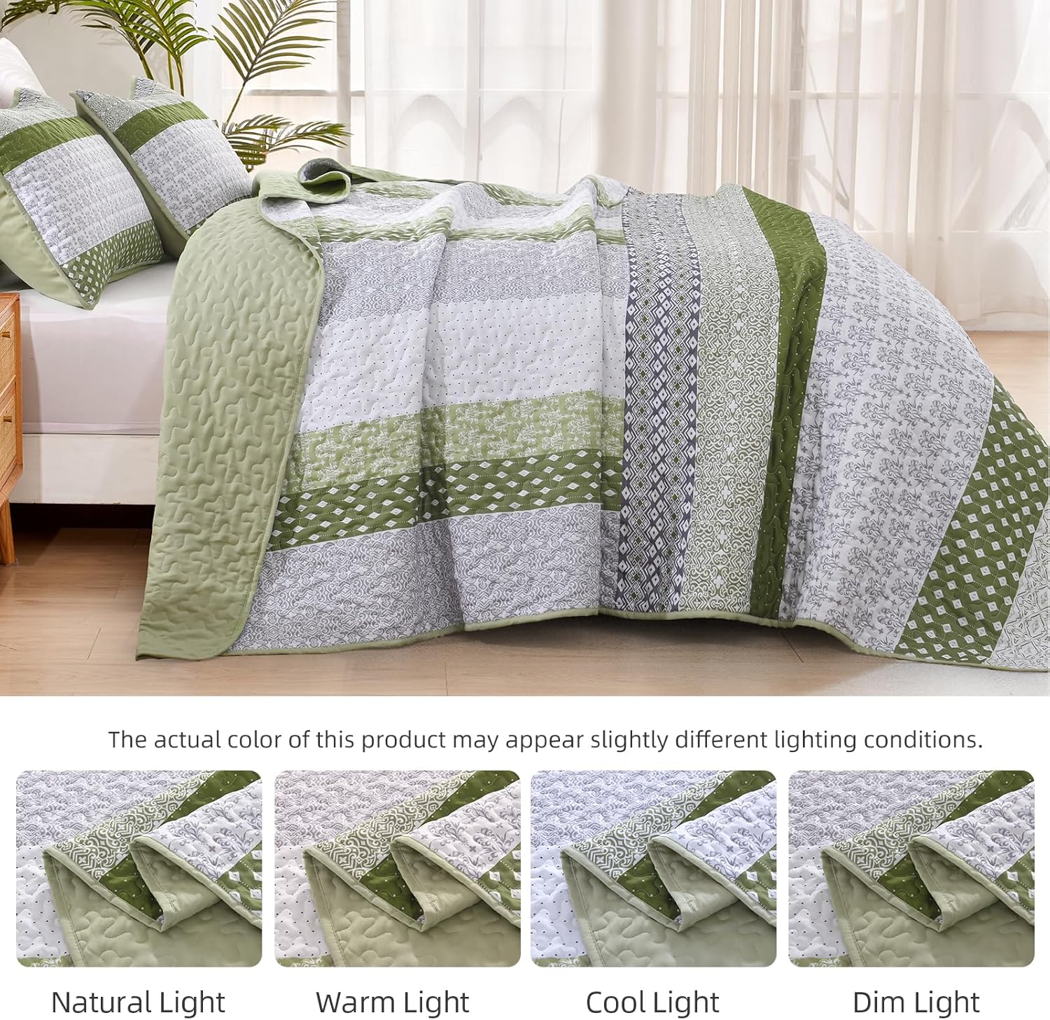 WONGS BEDDING Olive Green Boho Quilt Set Queen Size 3 Pieces