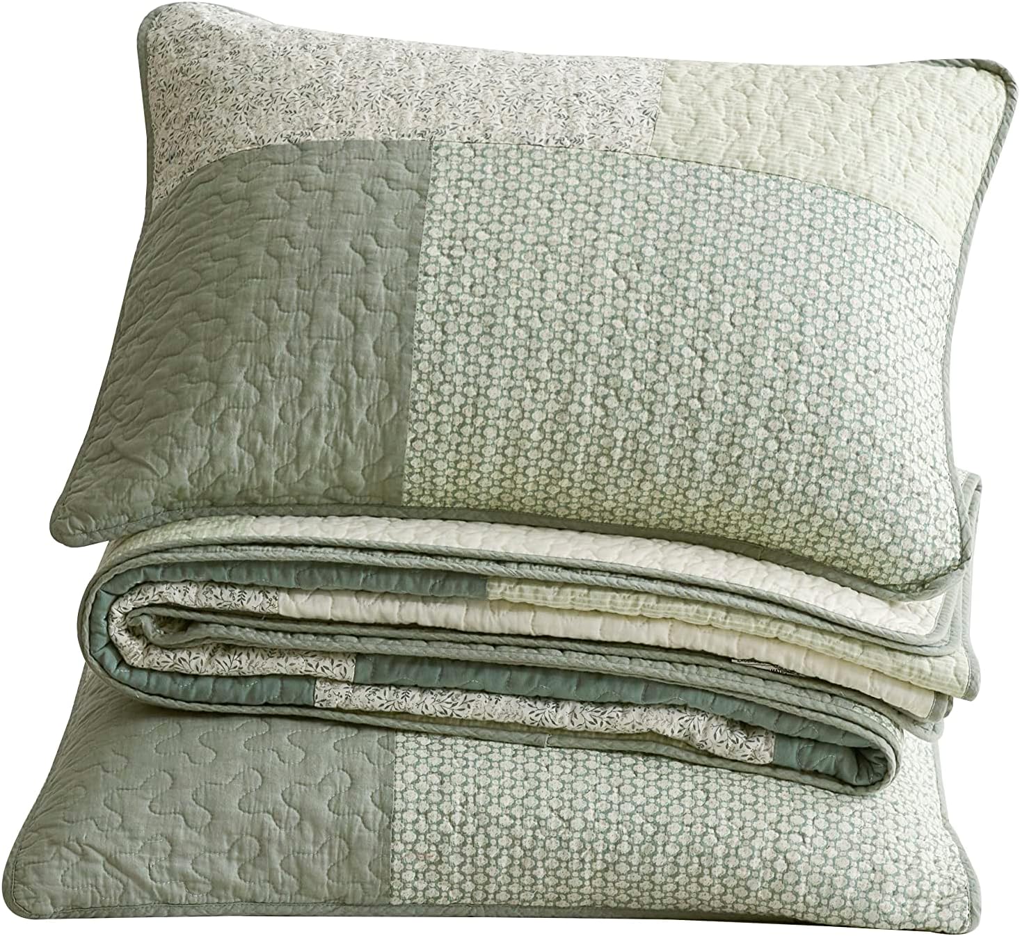 Chezmoi Collection 3-Piece Patchwork Quilt Set Green Floral Striped
