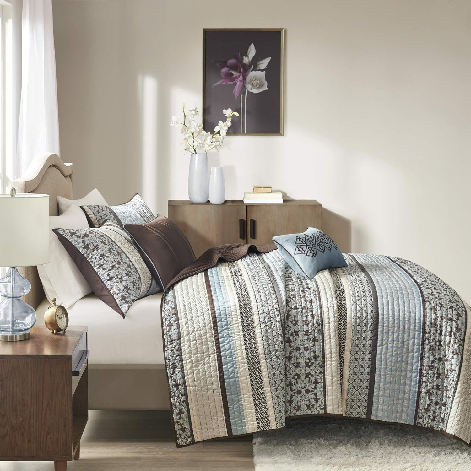 Madison Park Quilt Set with Jacquard Stripes - 5 Piece Floral Blue