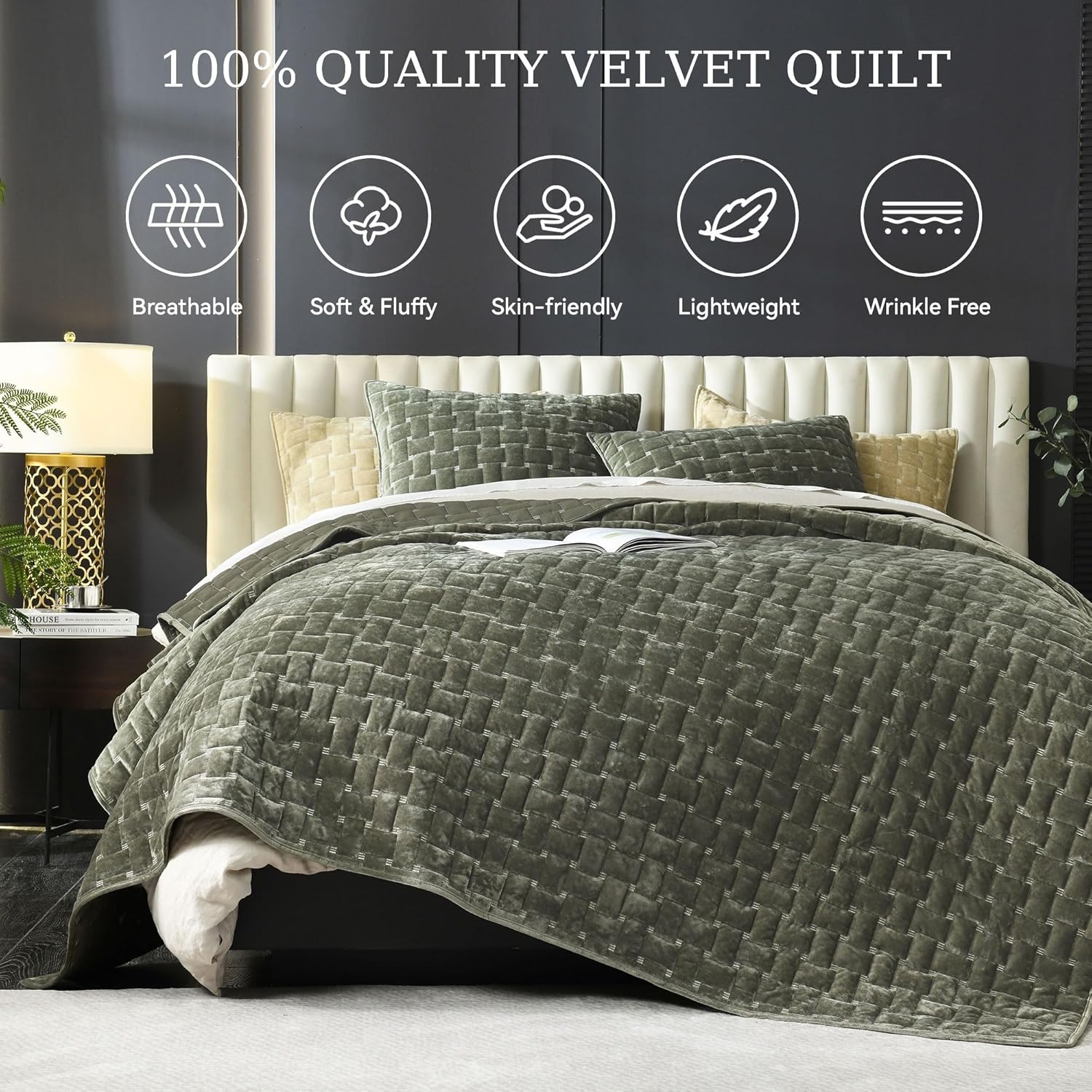 Grassix Velvet Quilt Set King Size Luxe Olive Green