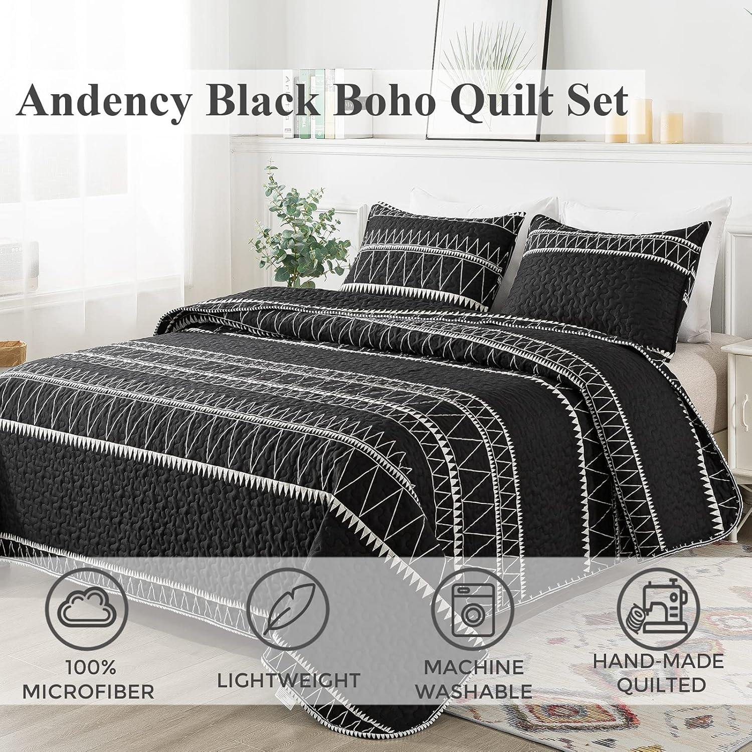 Andency Black Quilt Set California King 3Pcs