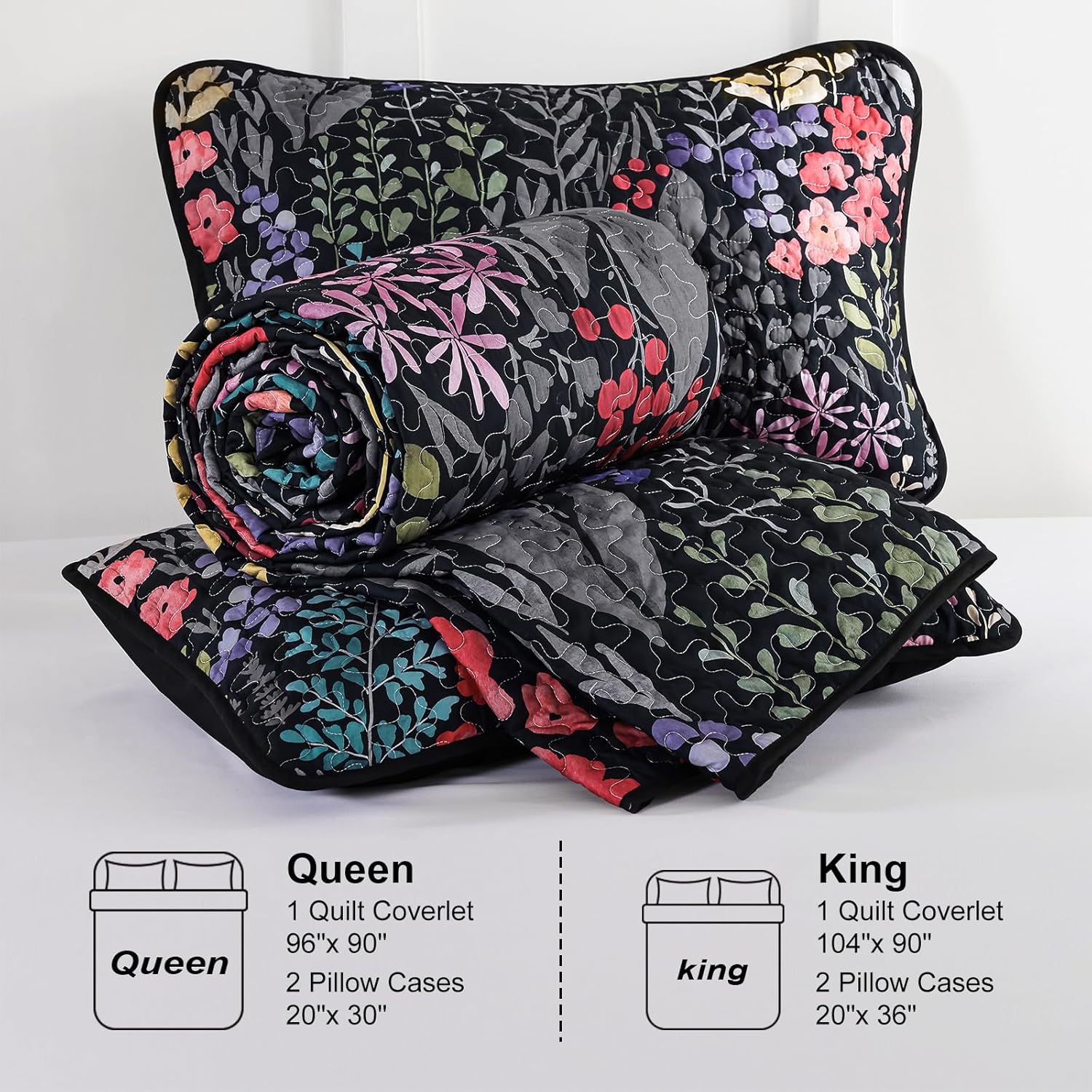 Xruibed Black Floral Quilt Set Queen 3 Piece 1