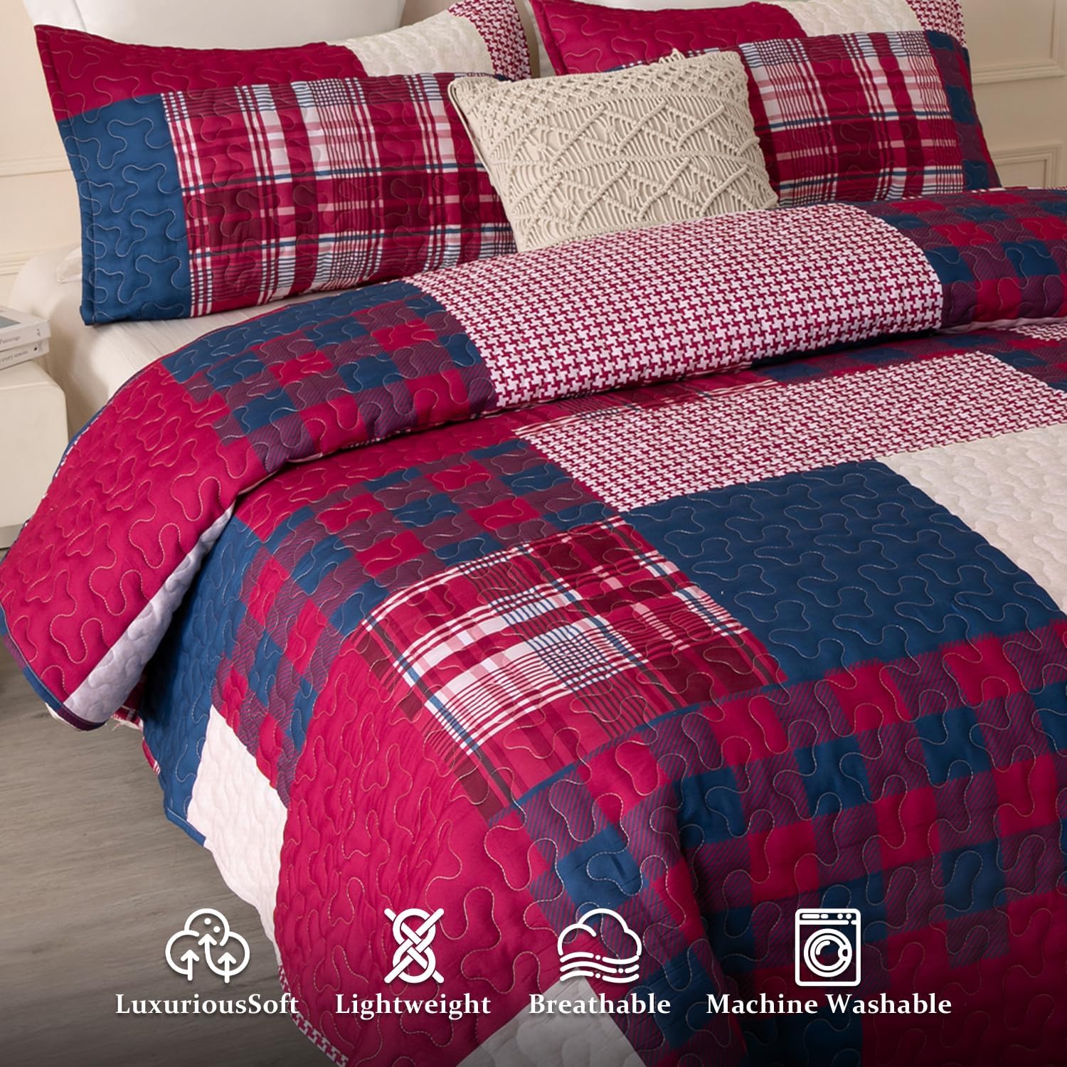 DURLENGEN Red Navy Patchwork Quilt Set 3Pcs