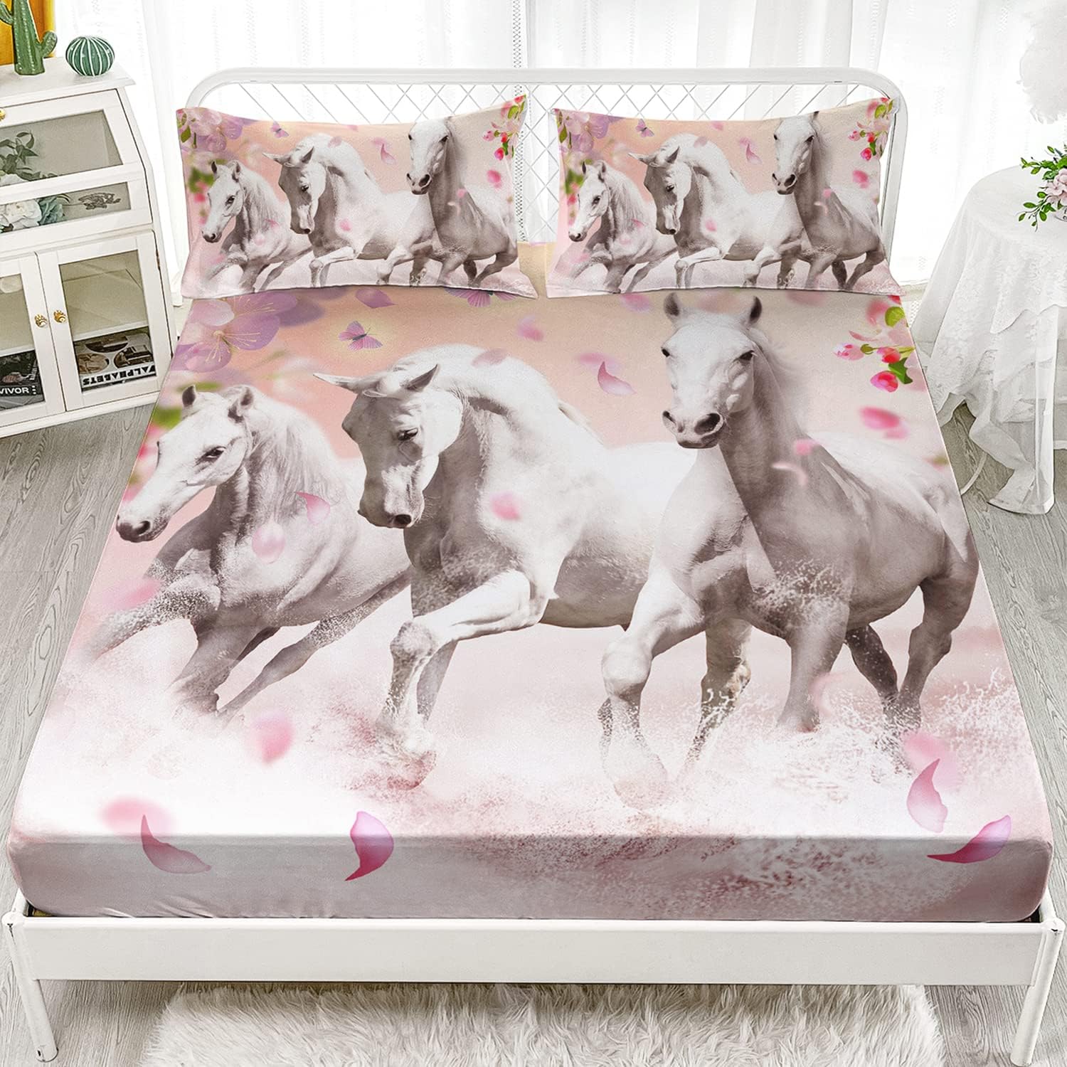 HOSIMA Pink Floral Horse Fitted Sheet Set Twin Size