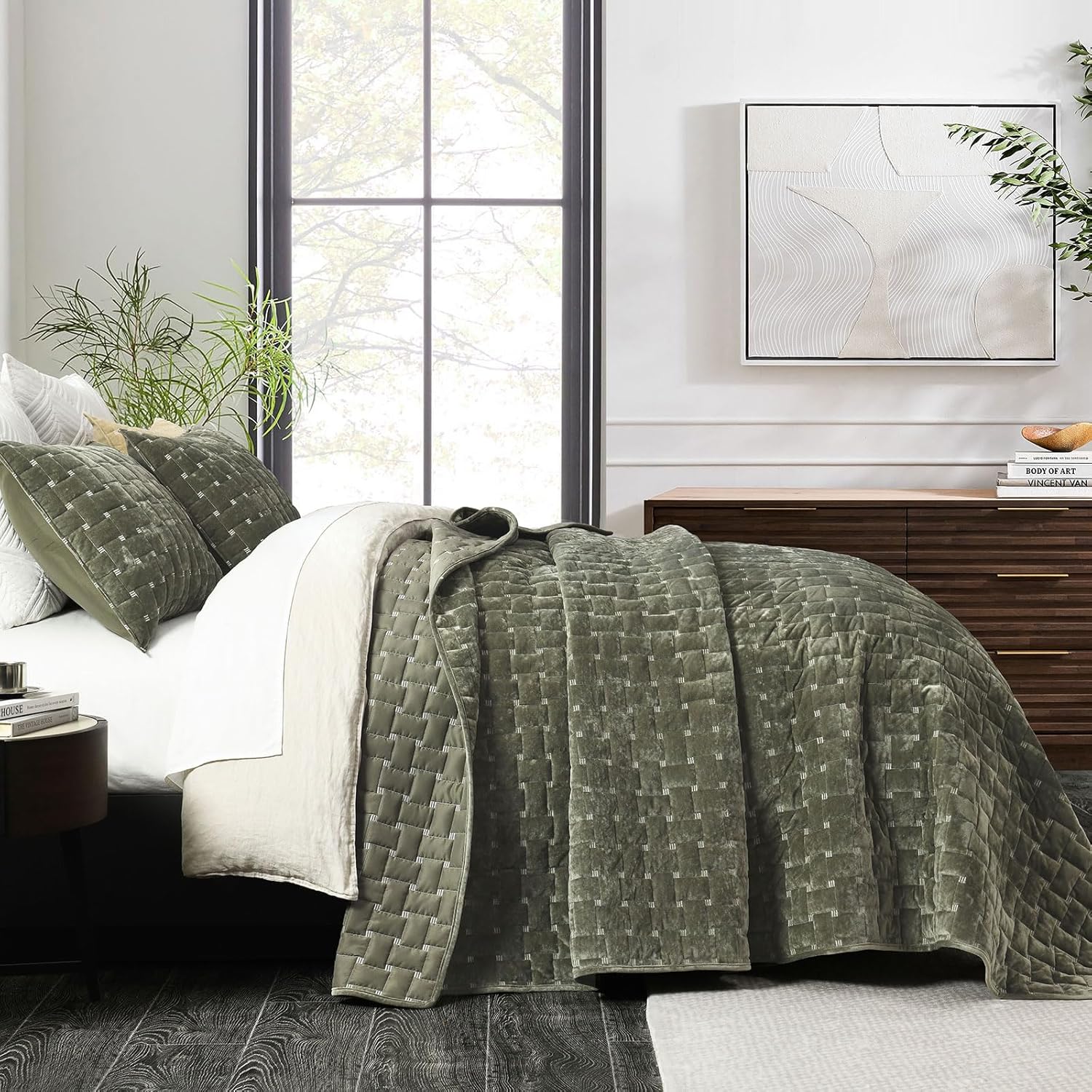 Grassix Velvet Quilt Set King Size Luxe Olive Green