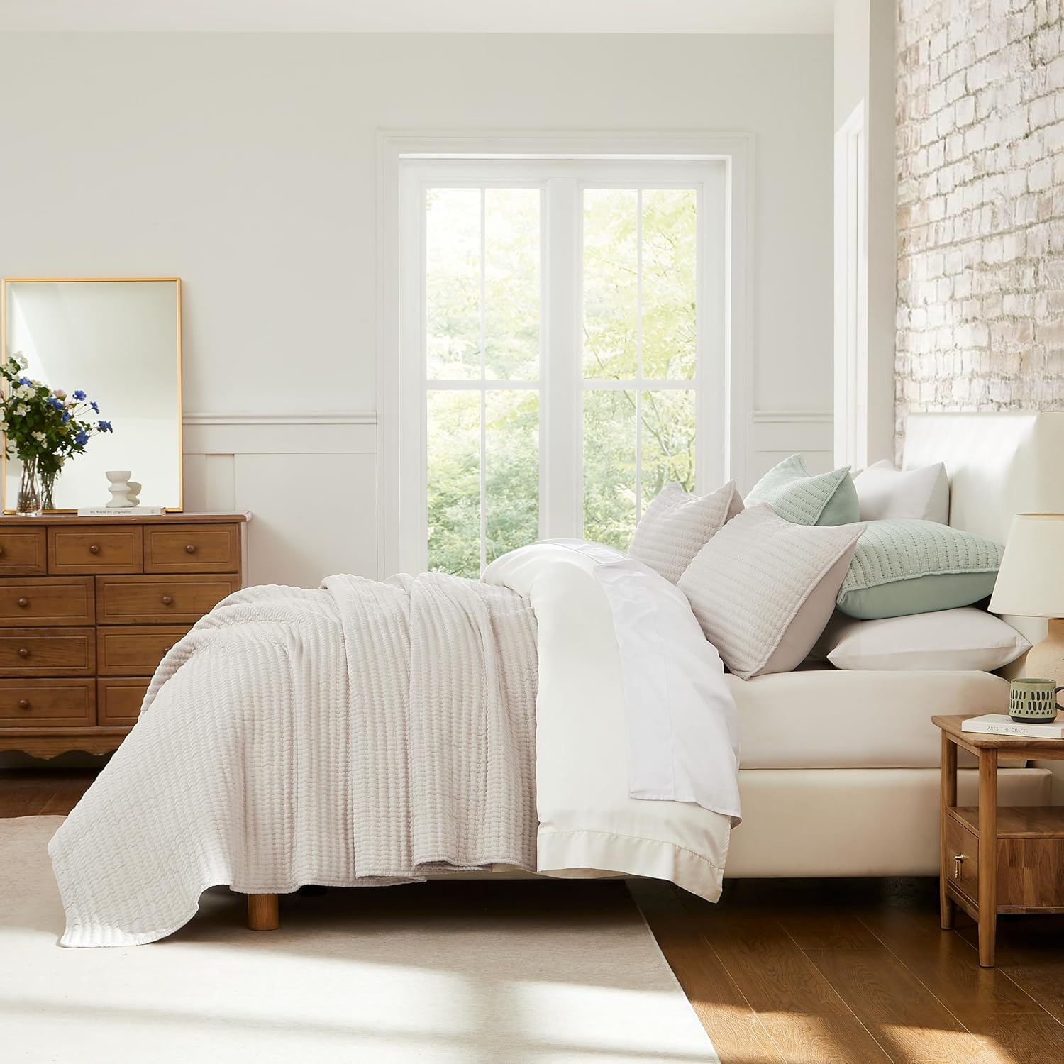 WDCOZY Beige Stripe Twin Quilt Set with Pick Stitch 1