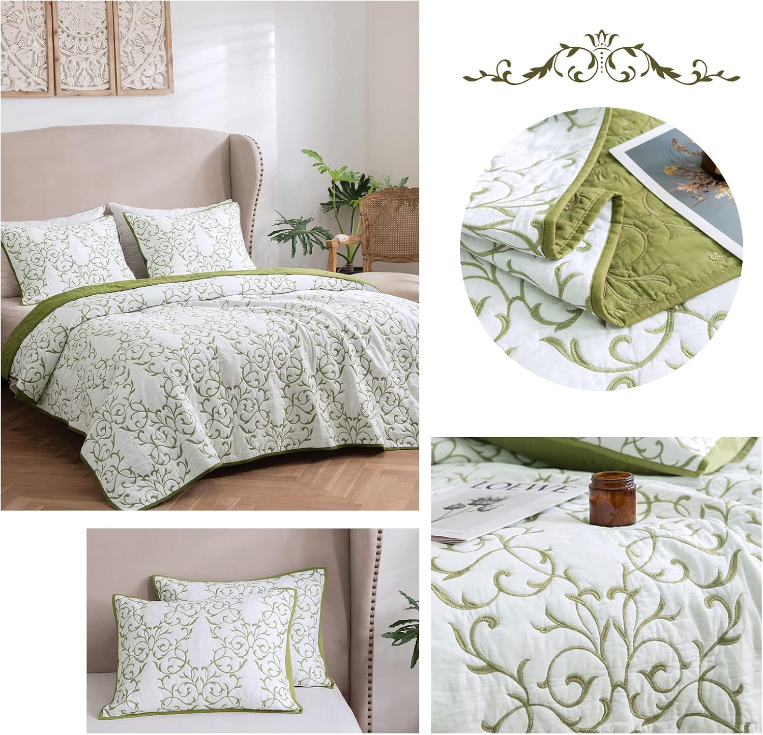 mixinni Reversible King Size Cotton Quilt Set with Embroidered Shams