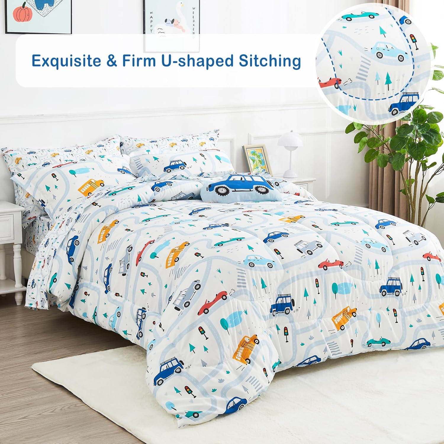 Mooreeke Kids Twin Bed in a Bag Set with Car Patterns