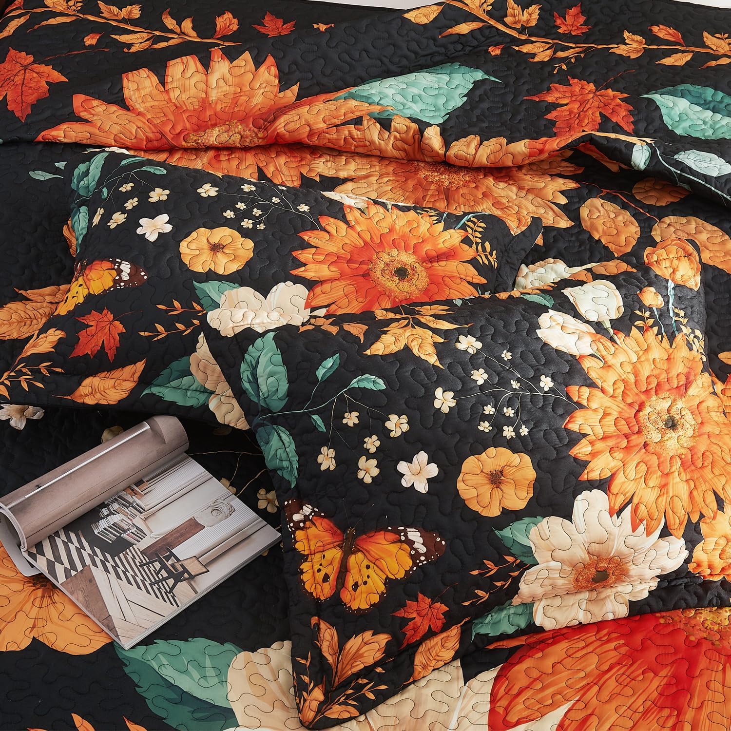 EVEHUG Black Sunflower Reversible Quilt Set Queen Size