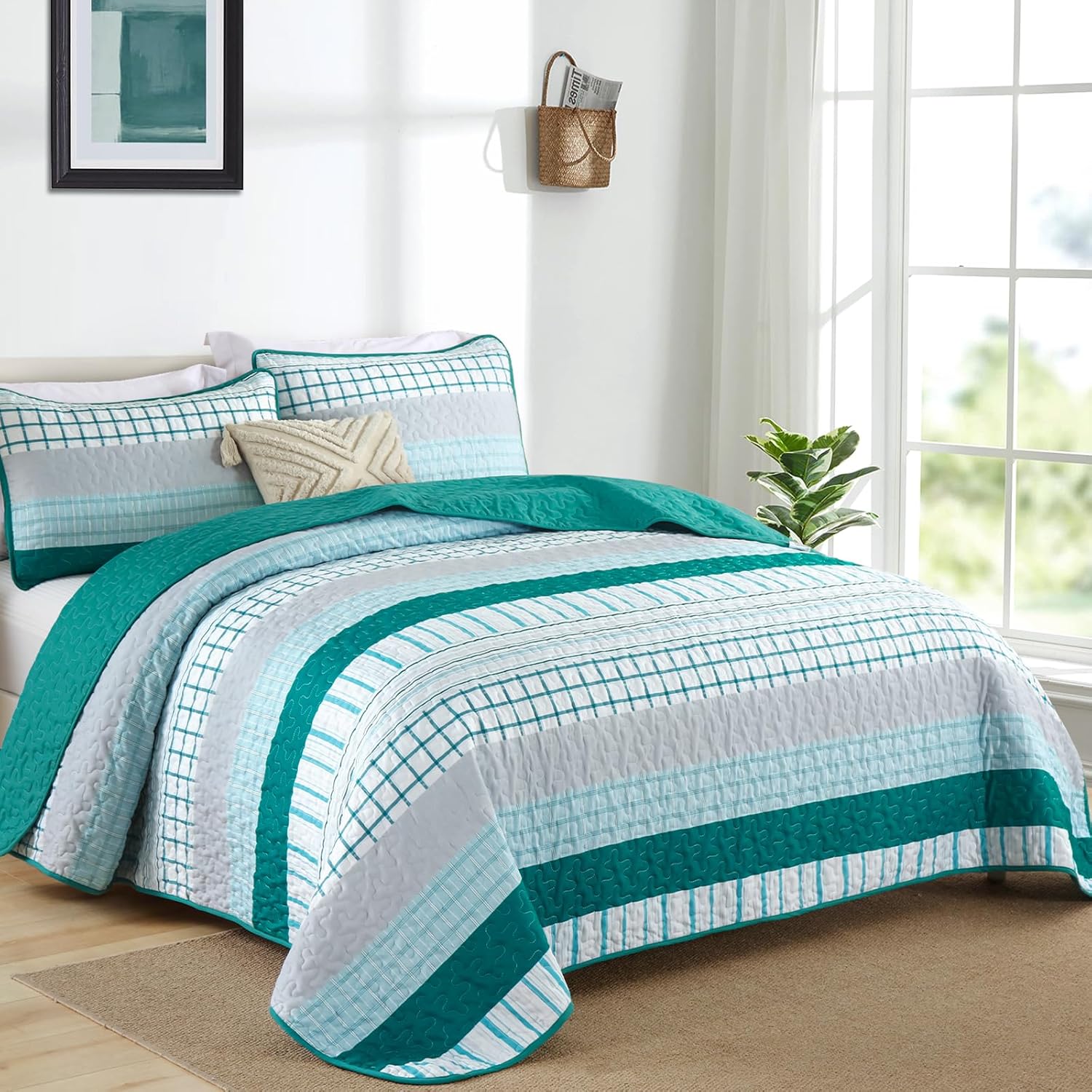 DJY Striped Quilt Set Queen Size Teal Boho