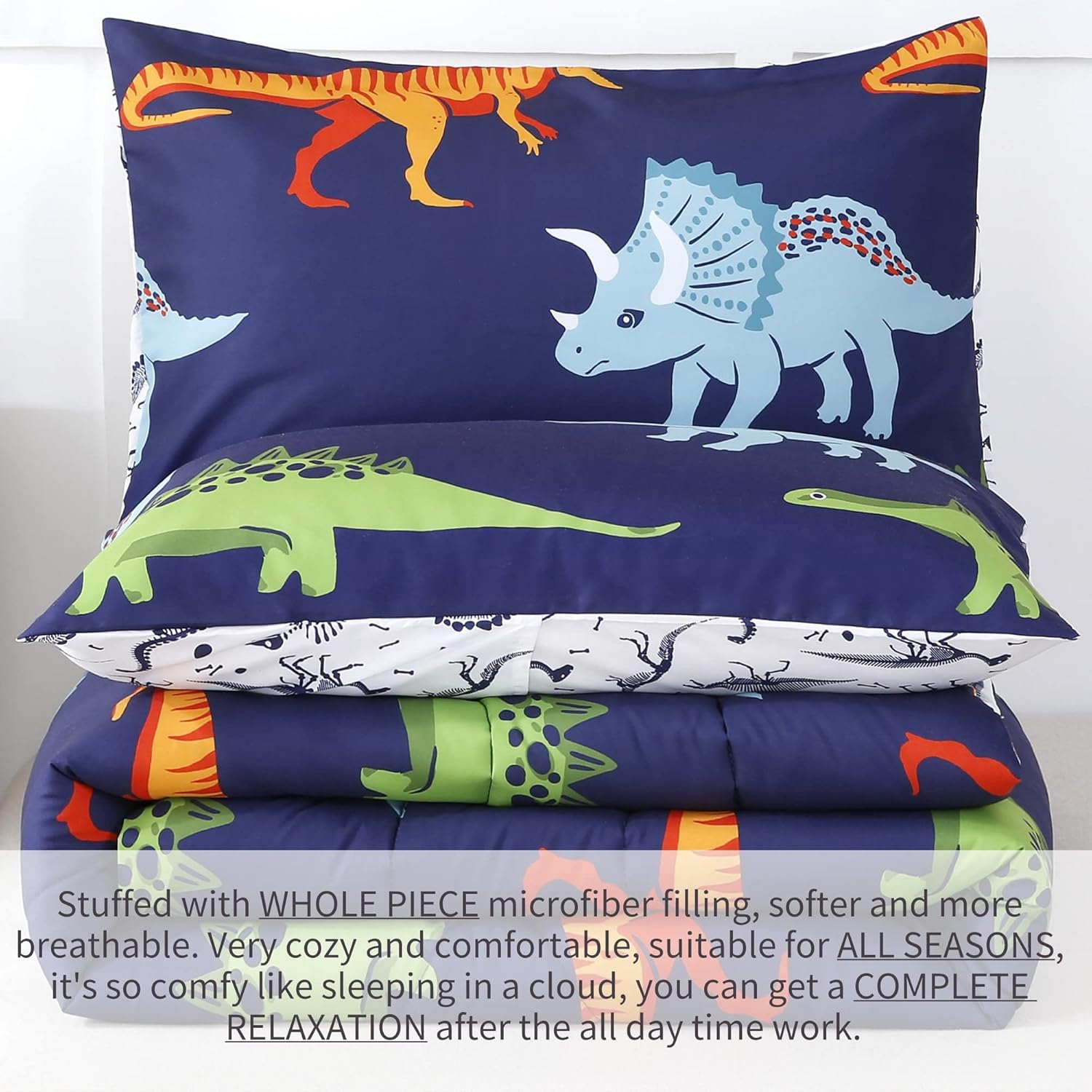 RYNGHIPY Dinosaur Comforter Set Twin Size Dark Blue Kids Bedding