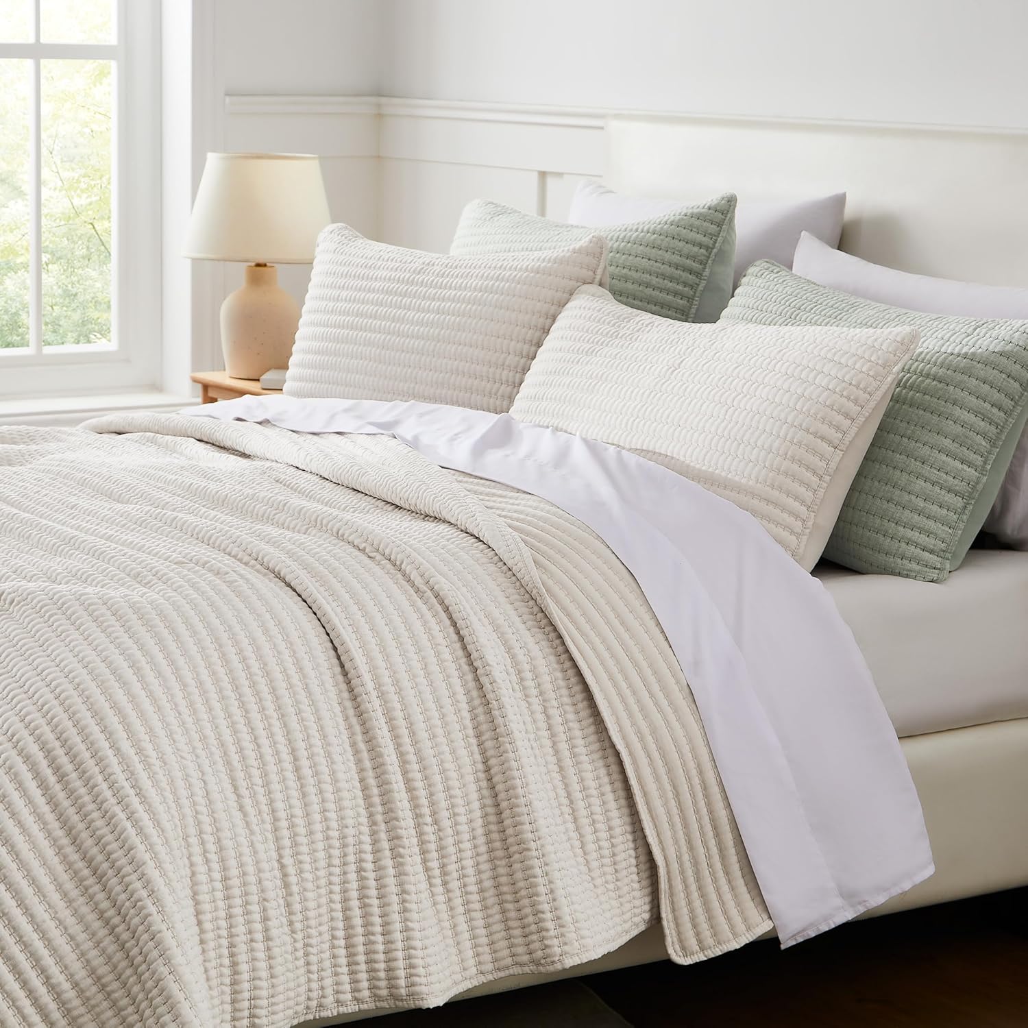 WDCOZY Beige Stripe Twin Quilt Set with Pick Stitch 1
