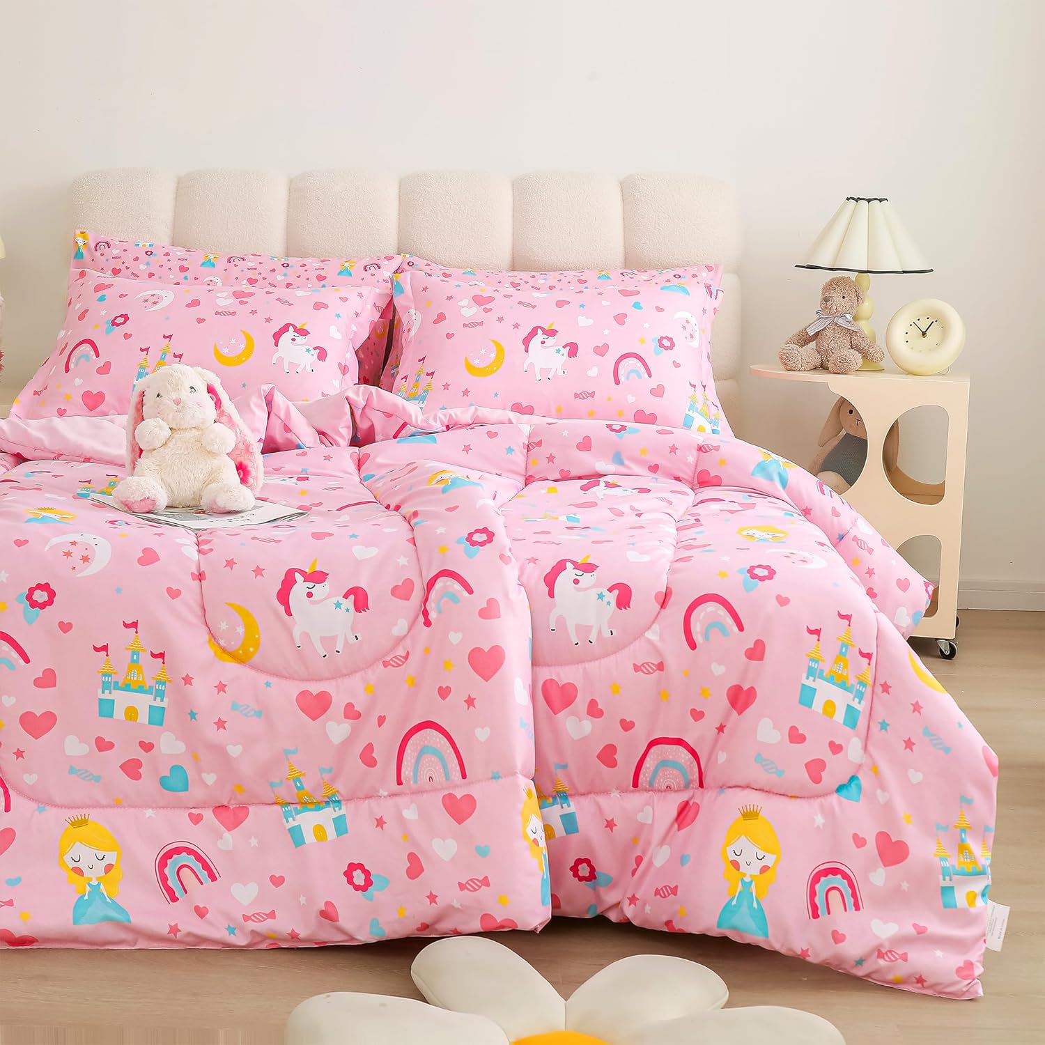 Viviland Girls Twin Comforter Set - Pink Unicorn Princess Rainbow