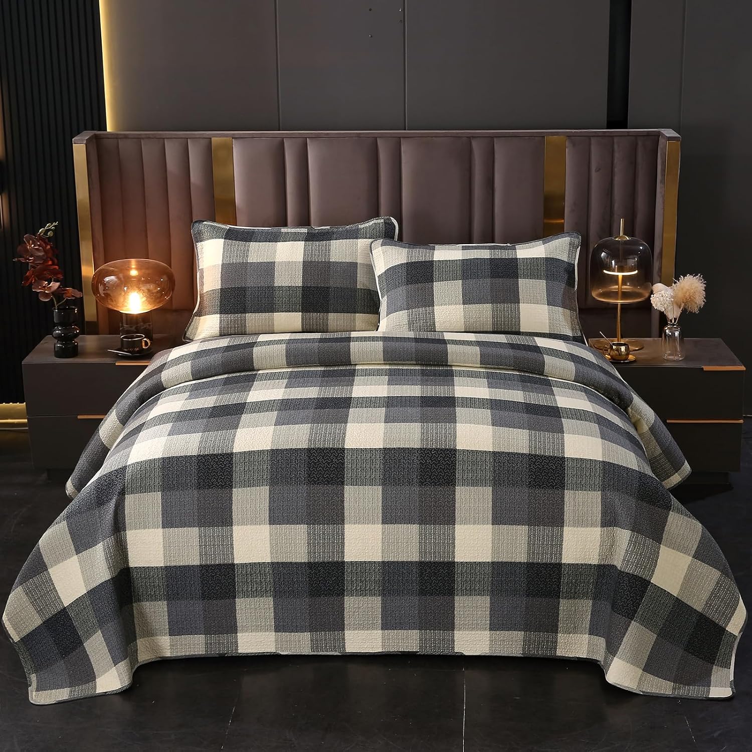 vctops Farmhouse Blue Plaid Quilt Set Queen 3 Pieces