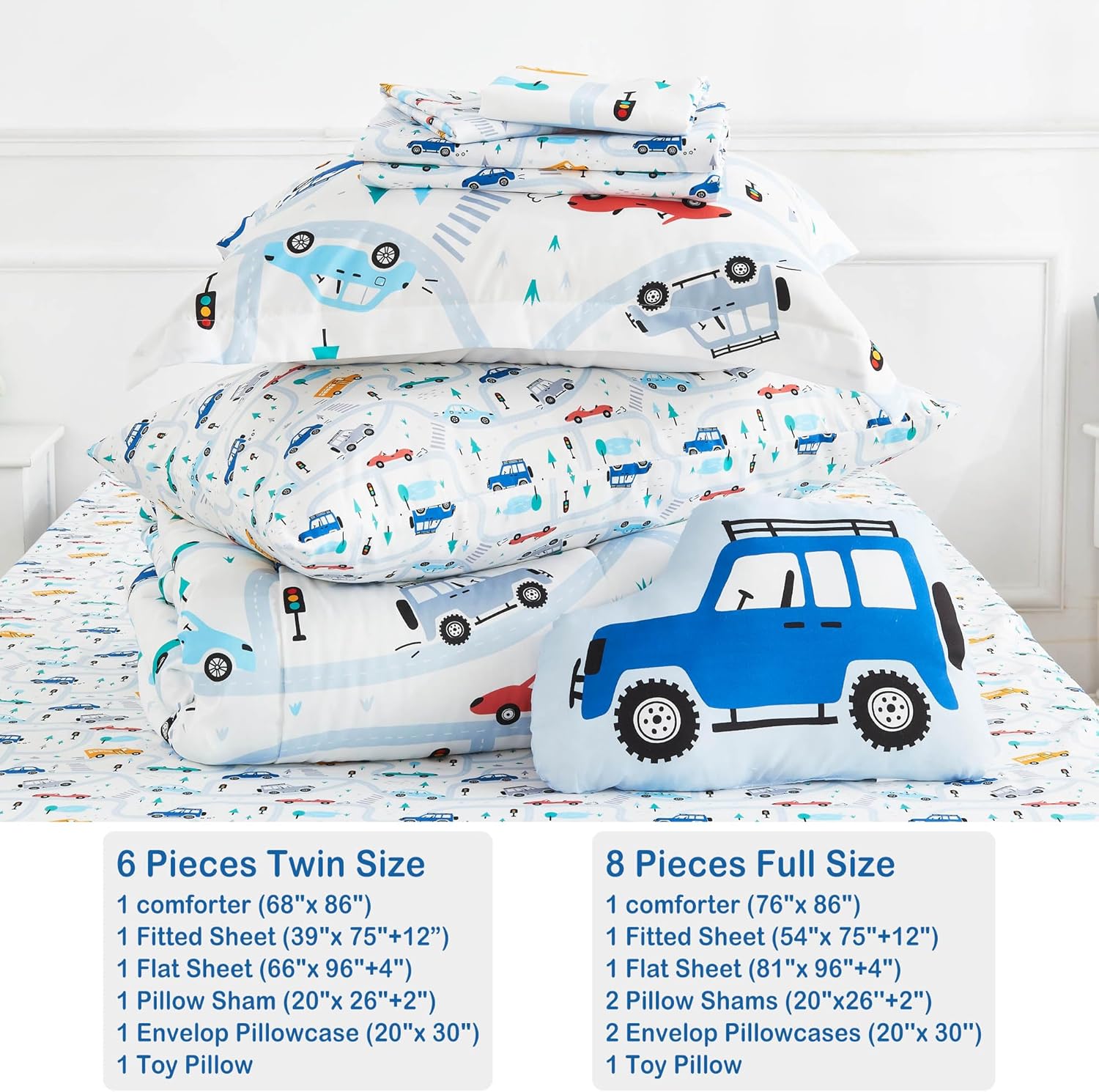 Mooreeke Kids Twin Bed in a Bag Set with Car Patterns