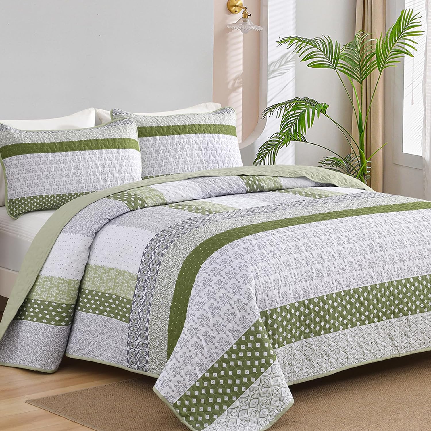 WONGS BEDDING Olive Green Boho Quilt Set Queen Size 3 Pieces