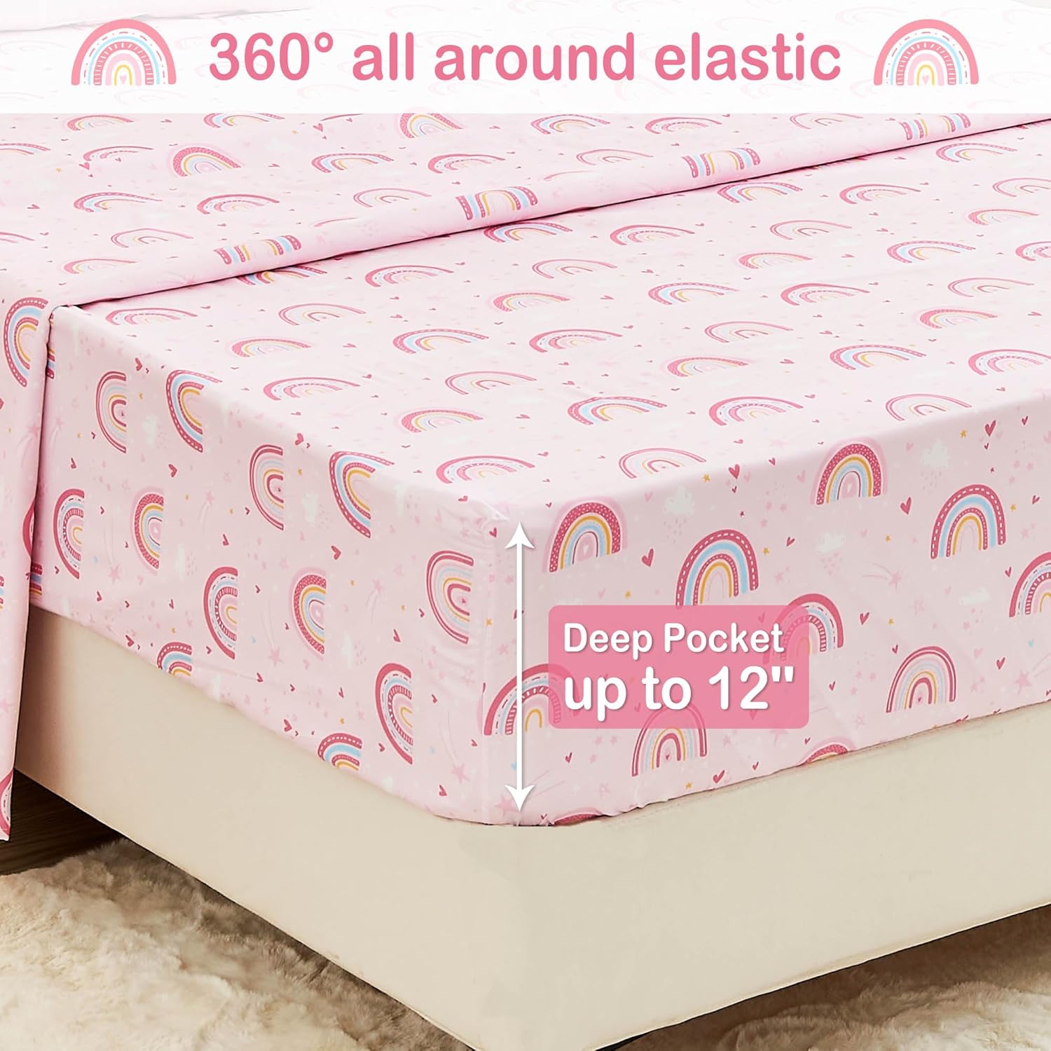 Mooreeke Kids Bed in a Bag Set 6 Pieces Twin Rainbow Pink