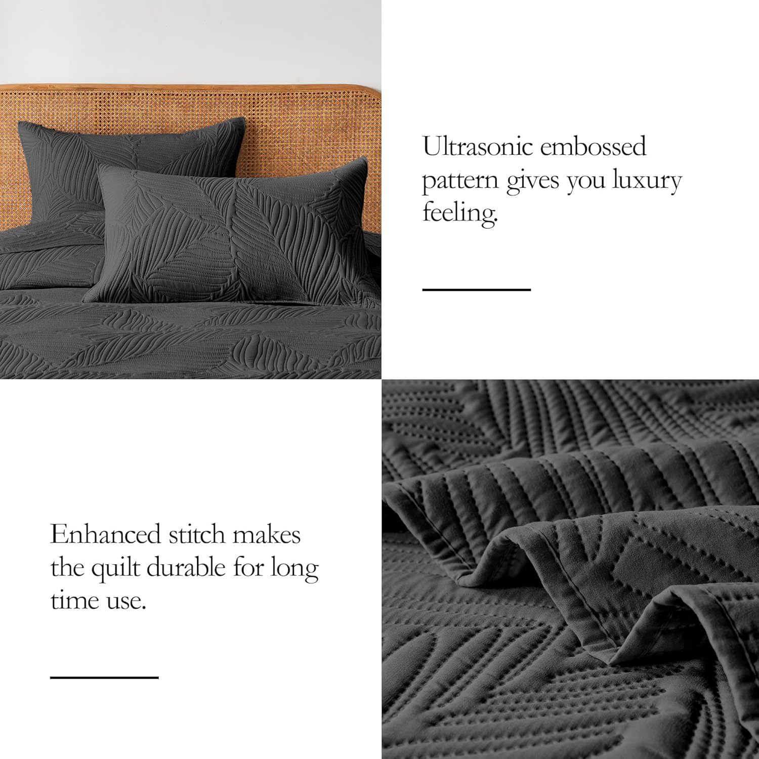 OARAGE Queen Quilt Bedding Set Black Leaf Pattern Microfiber Bedspread
