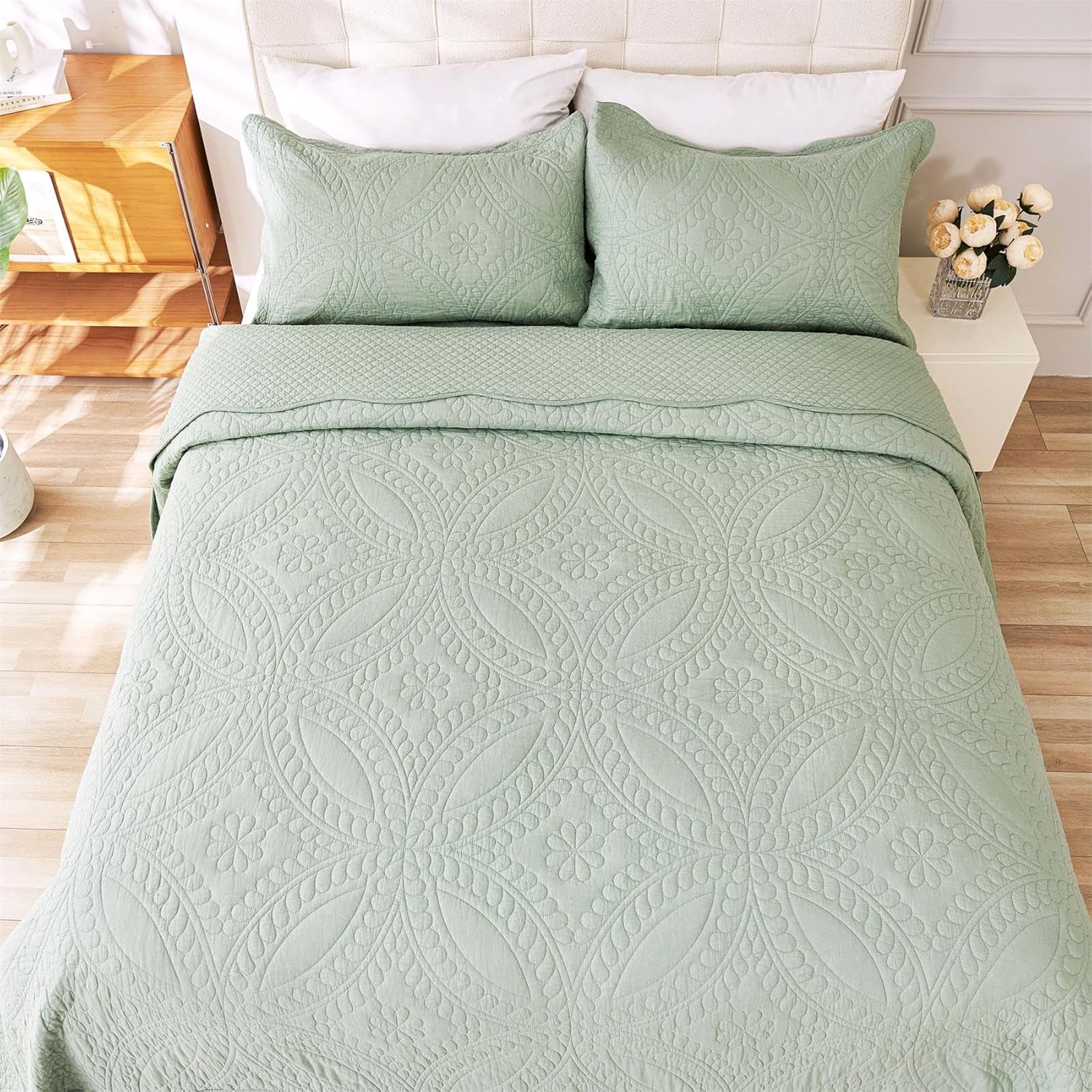 Cmfshape King Size Quilt Set Sage Green Coin Pattern 3 Piece
