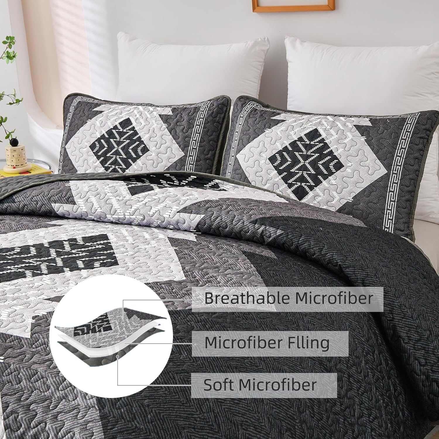 Dintszyayue Black Boho Quilt Set 3 Piece California King 1
