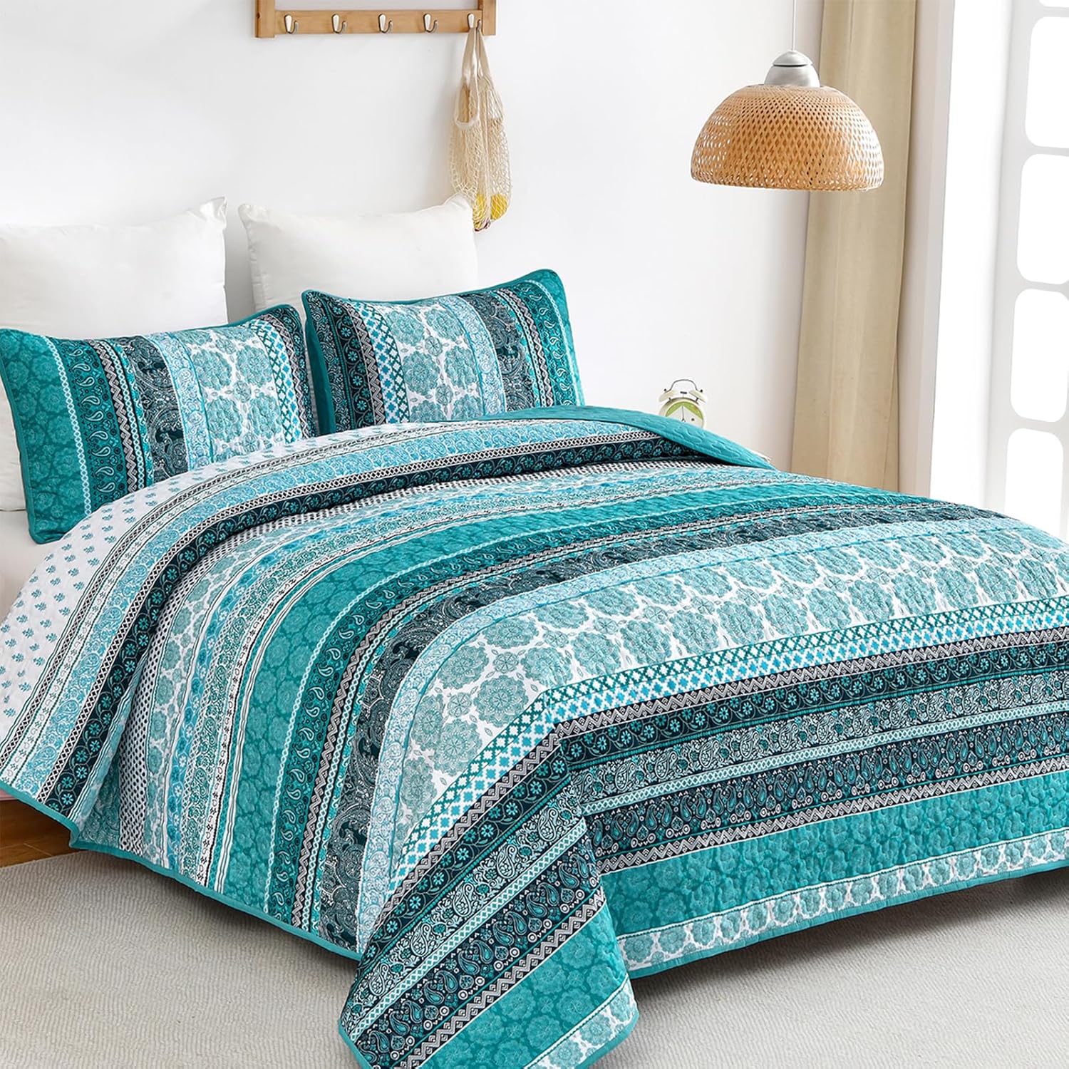 WONGS BEDDING Teal Boho Quilt Set Queen 3 Piece