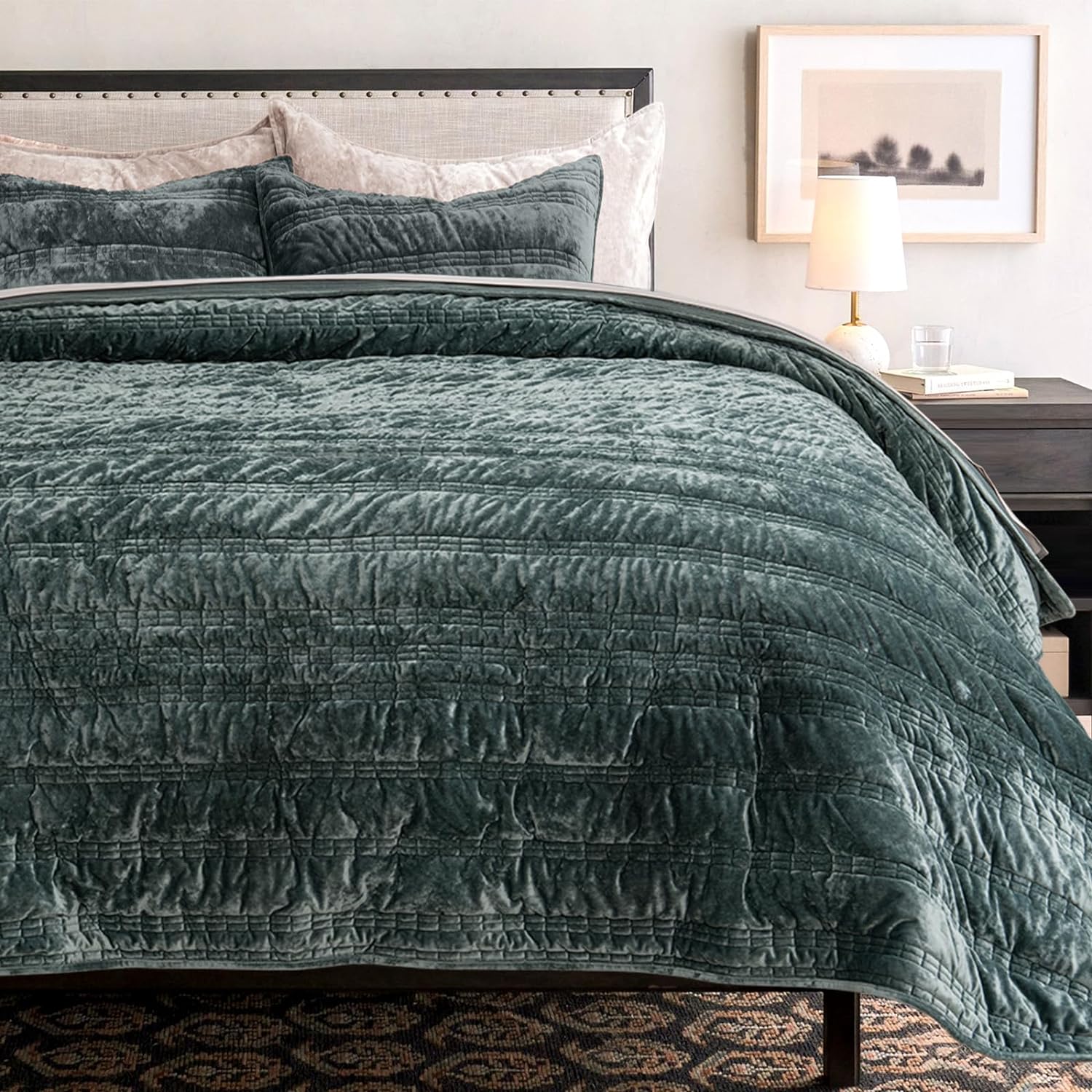 EVERGRACE Luxury Ruched Velvet Quilt King Size