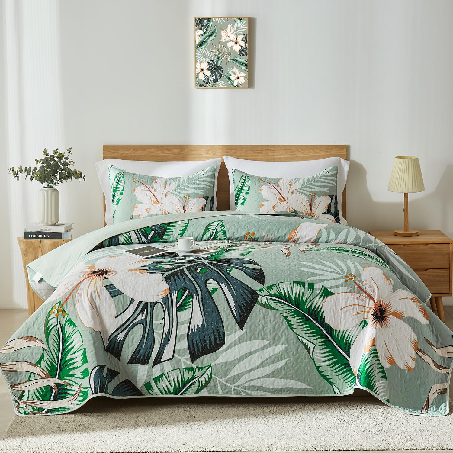 Yogeneg Queen Quilt Bedding Set Sage Green Botanical Pattern 90x96