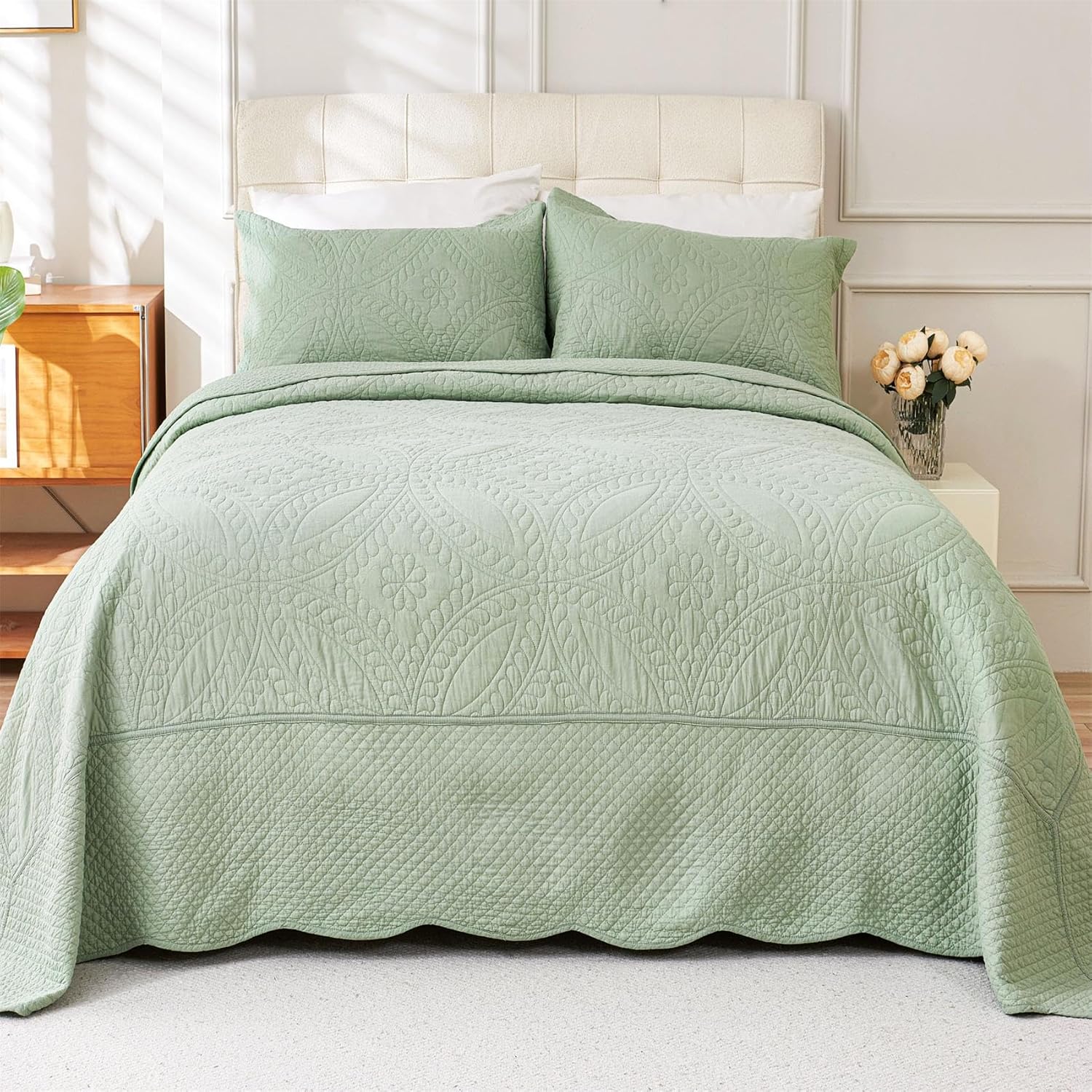 Cmfshape King Size Quilt Set Sage Green Coin Pattern 3 Piece