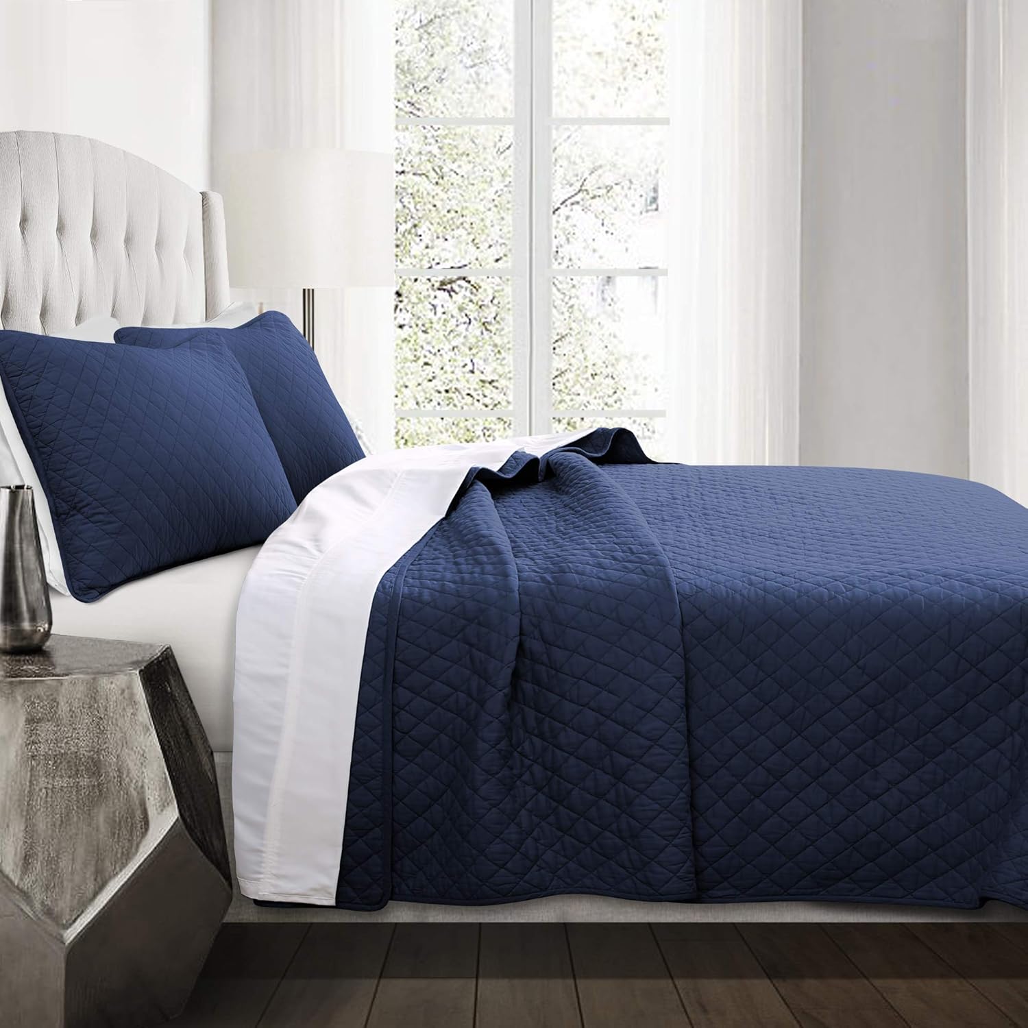 Lush Decor Ava Diamond Quilt Set 3 Piece Navy FullQueen
