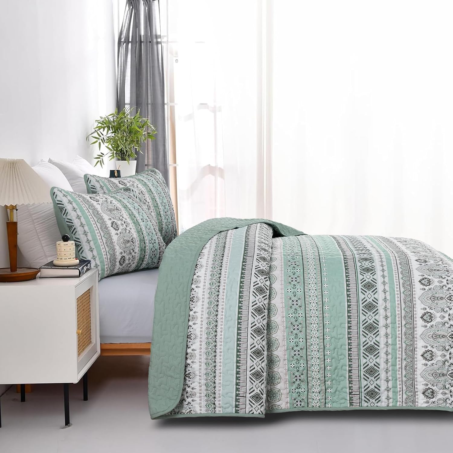 Goodidea Boho Quilt Set Cal King 3 Piece Mint Green Striped Microfiber Bedding