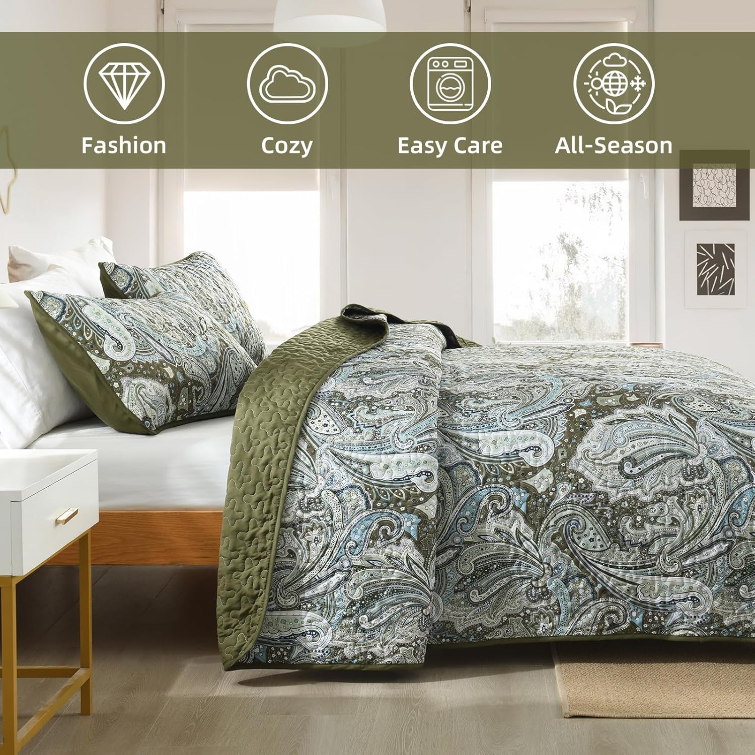 DJY Green Paisley Quilt Set King Size 3 Pieces