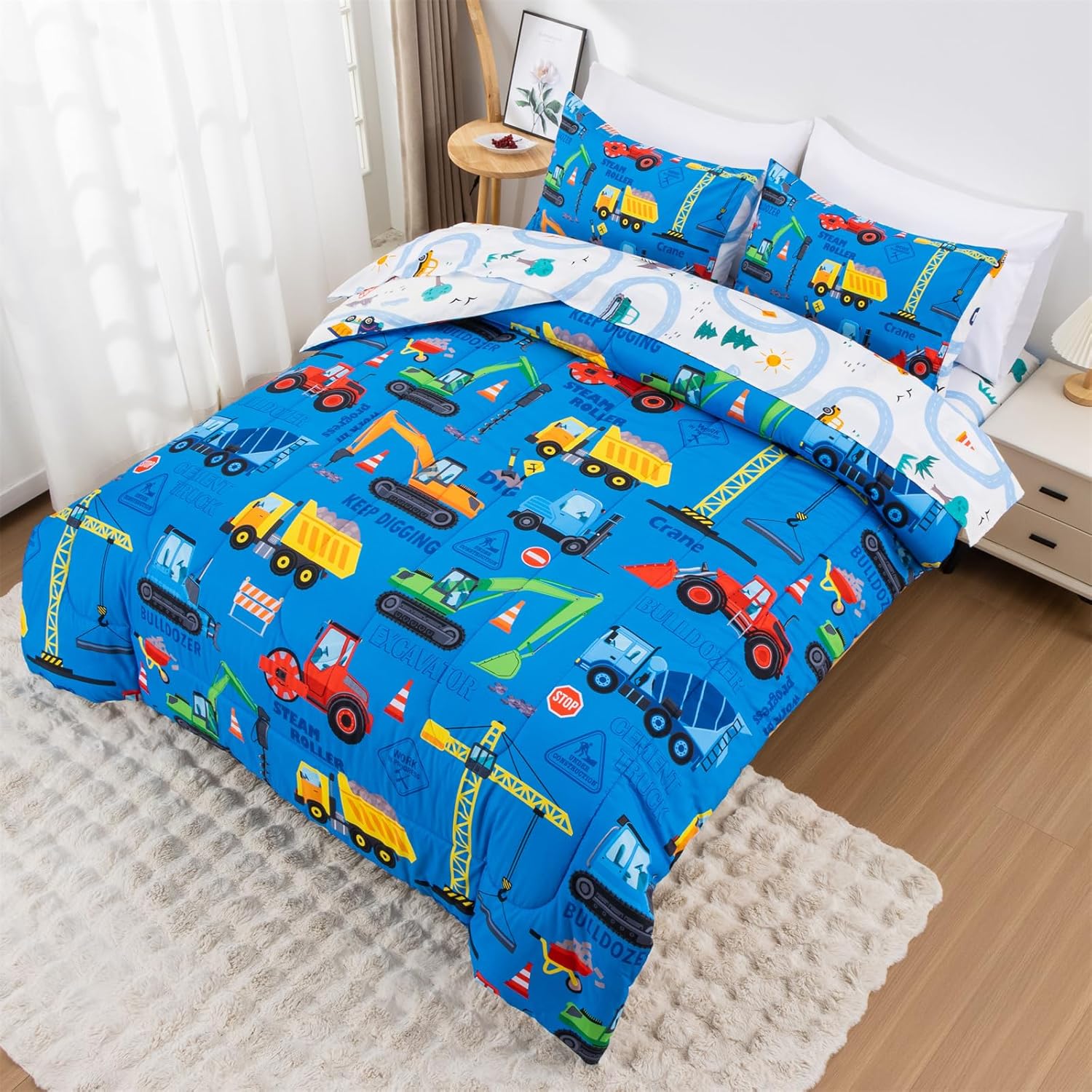 Holawakaka Boys Excavator Truck Bedding Set with Sheets