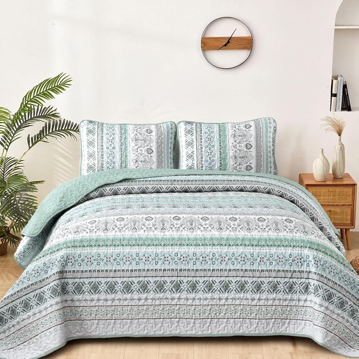 Goodidea Boho Quilt Set Cal King 3 Piece Mint Green Striped Microfiber Bedding