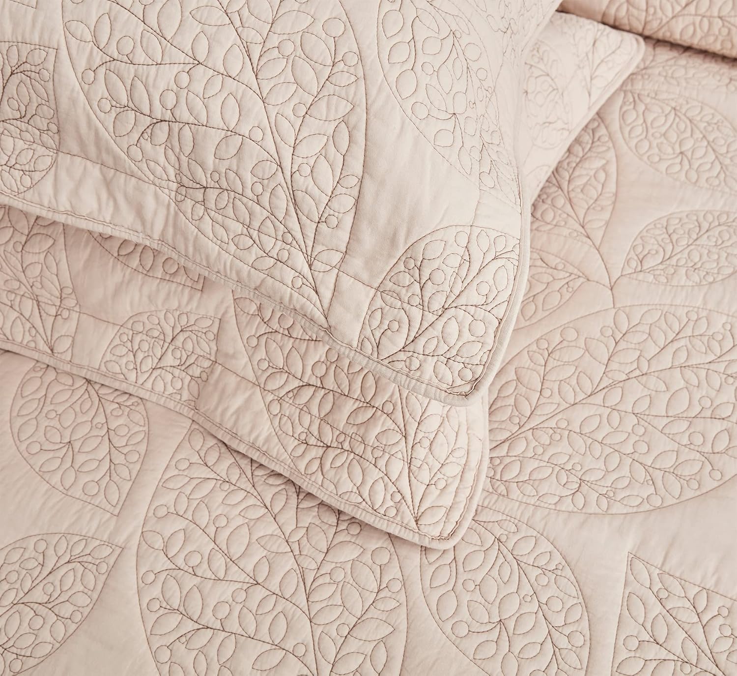 CHIXIN Botanical Cotton Quilt Set - Leaf Pattern Reversible 3 Piece Oatmeal