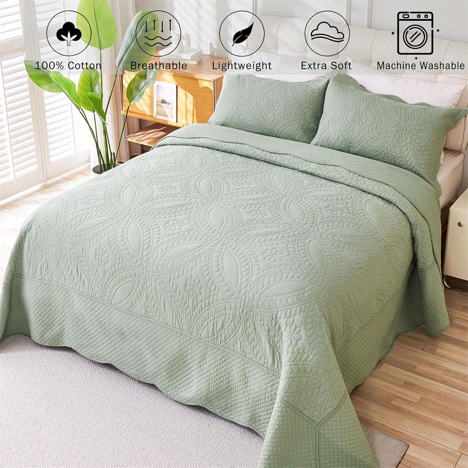 Cmfshape King Size Quilt Set Sage Green Coin Pattern 3 Piece