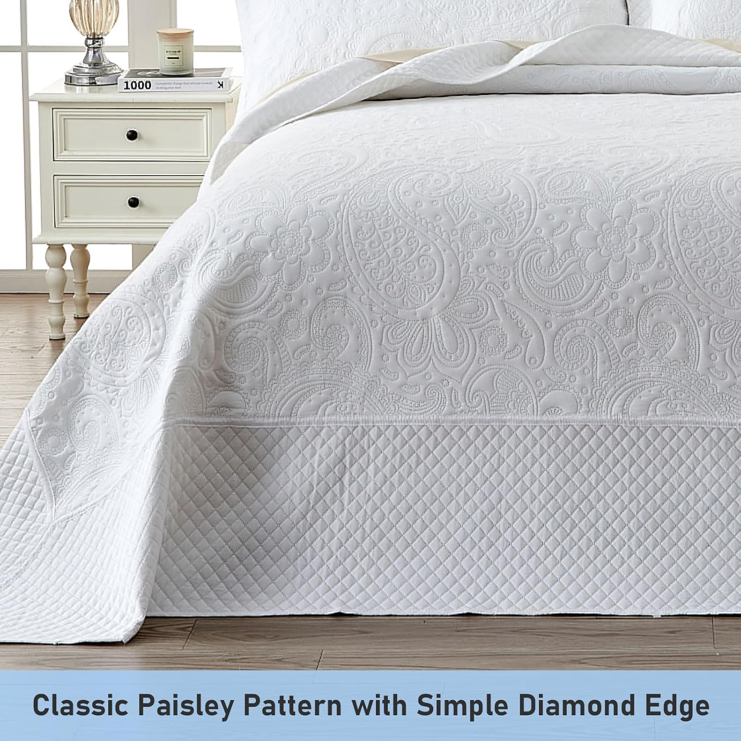 Qucover Alaska King Bedspread Set 3 Piece White Paisley