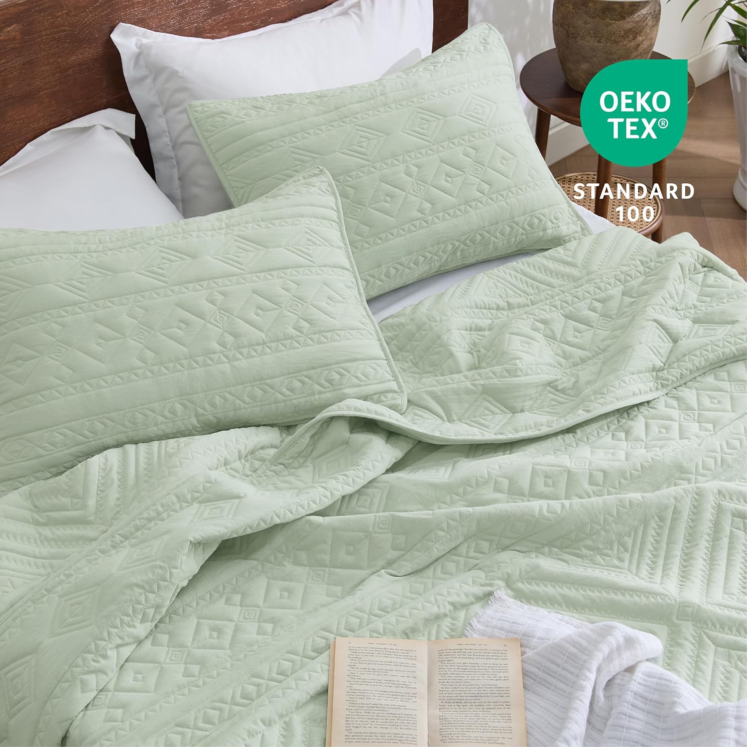 Bedsure Boho Queen Quilt Set - Geometric Pattern Sage Green 90x96 Inches