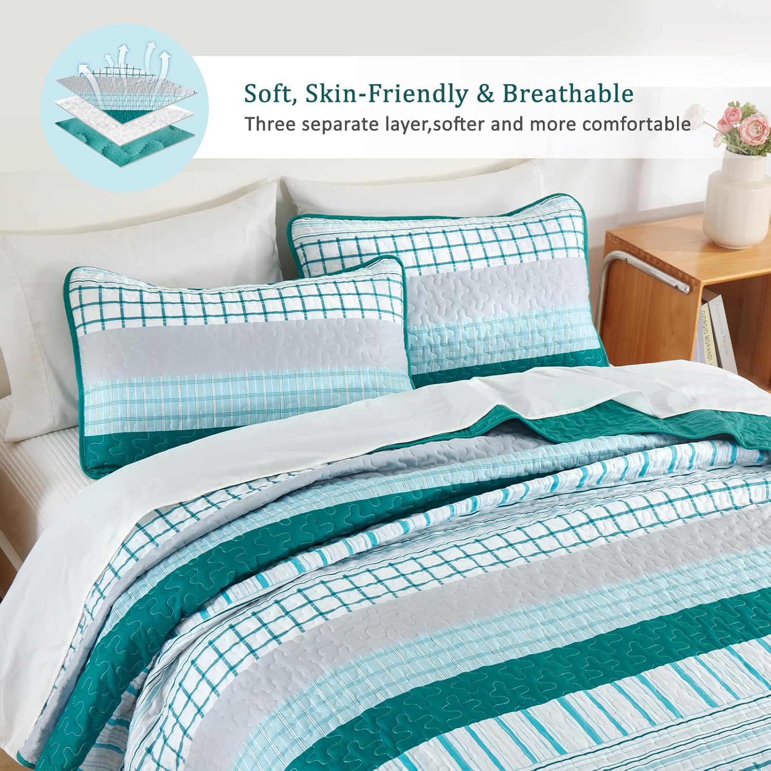 DJY Striped Quilt Set Queen Size Teal Boho