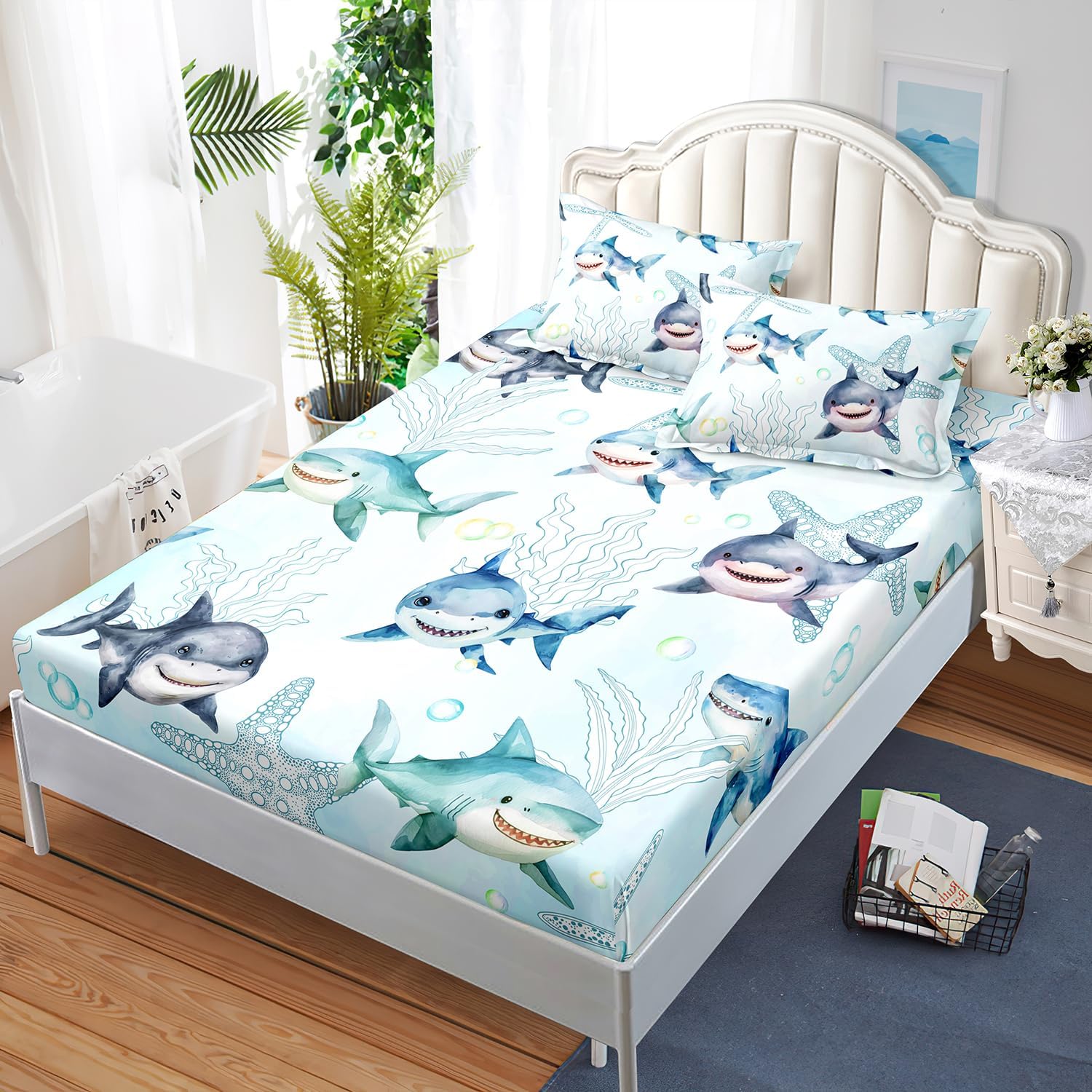 AILONEN Shark Fitted Sheet Set Twin XL - Ocean Blue Starfish