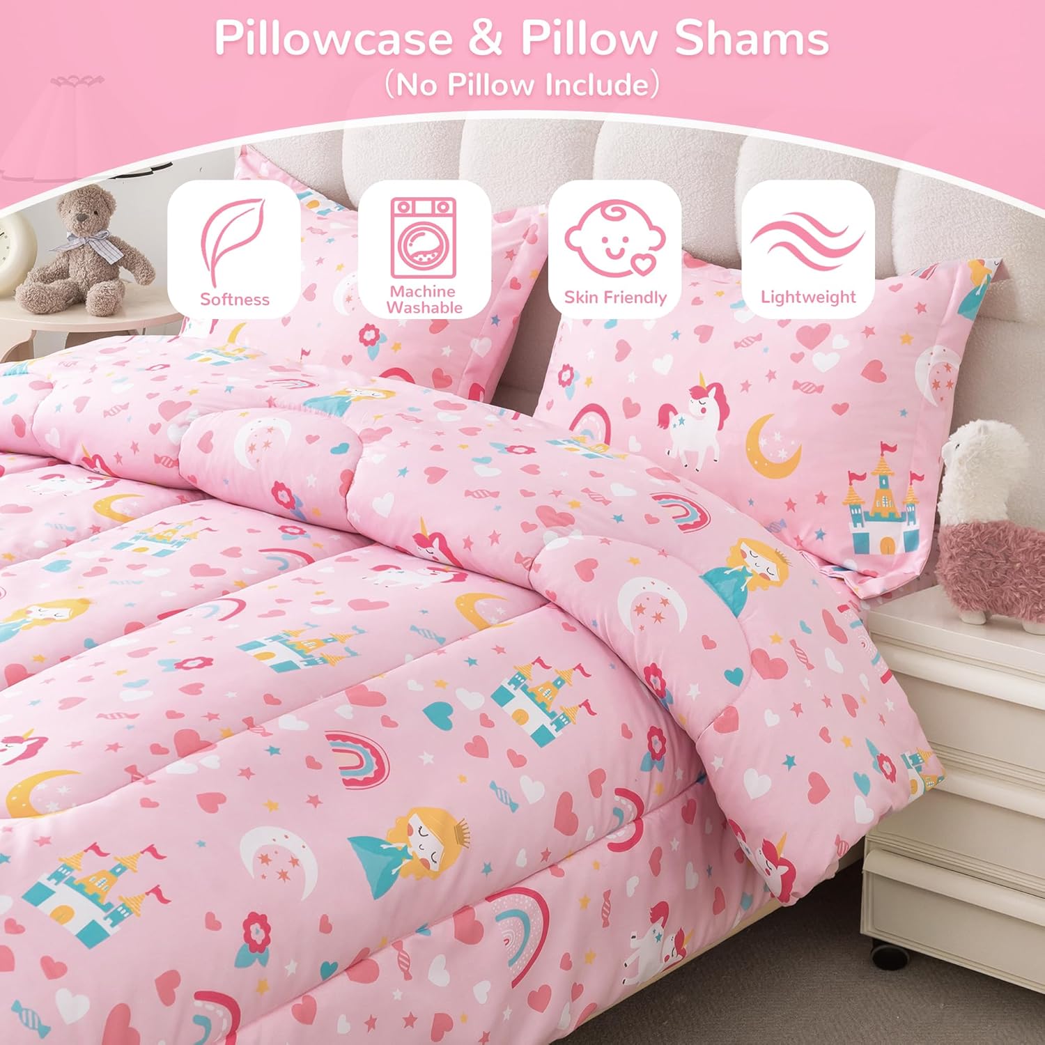 Viviland Girls Twin Comforter Set - Pink Unicorn Princess Rainbow