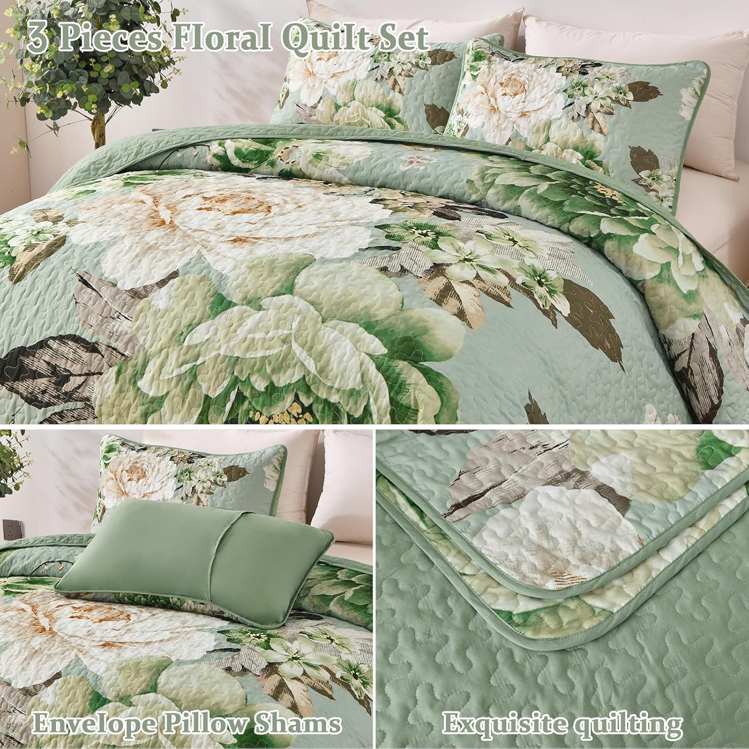 WONGS BEDDING Sage Green Floral Quilt Set King