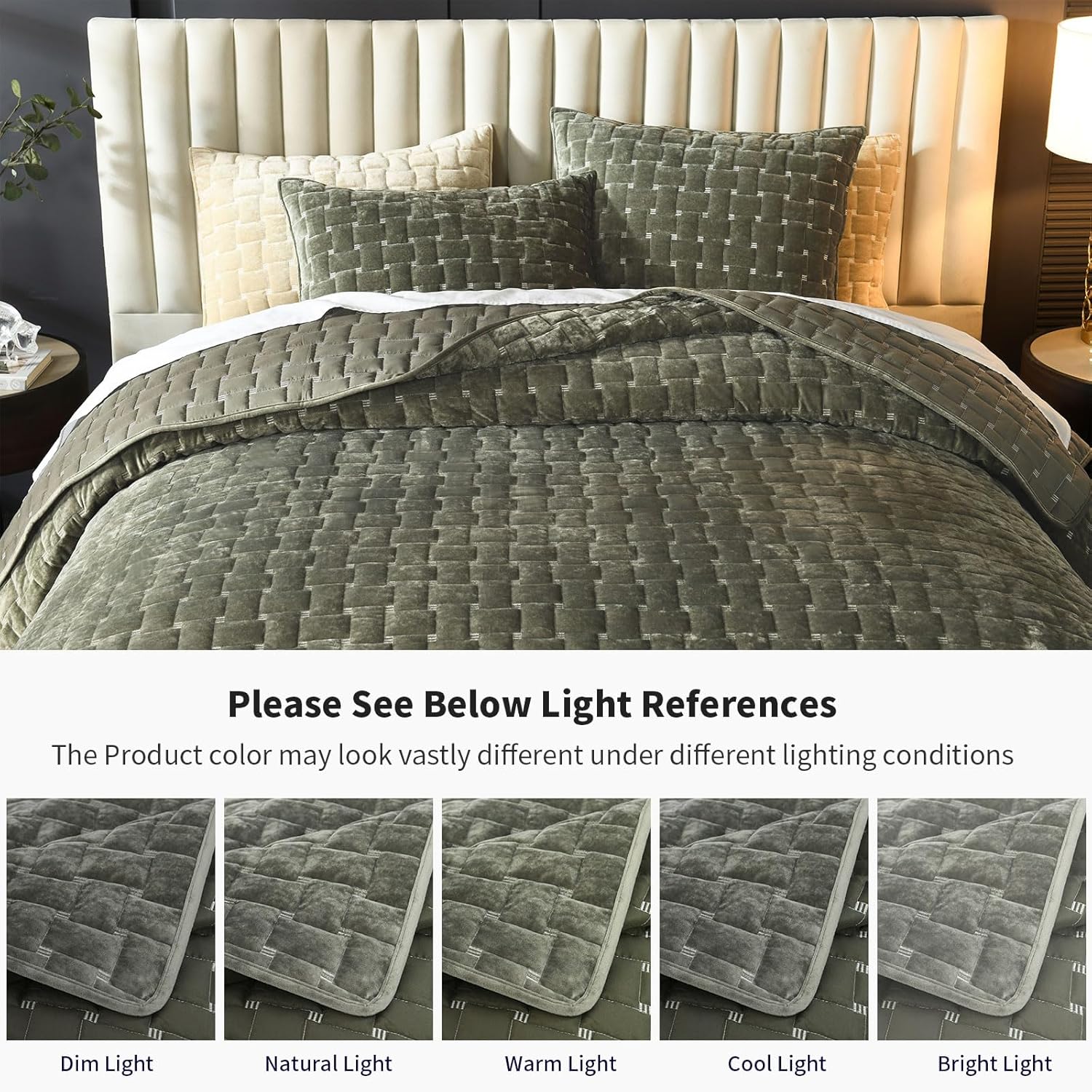 Grassix Velvet Quilt Set King Size Luxe Olive Green