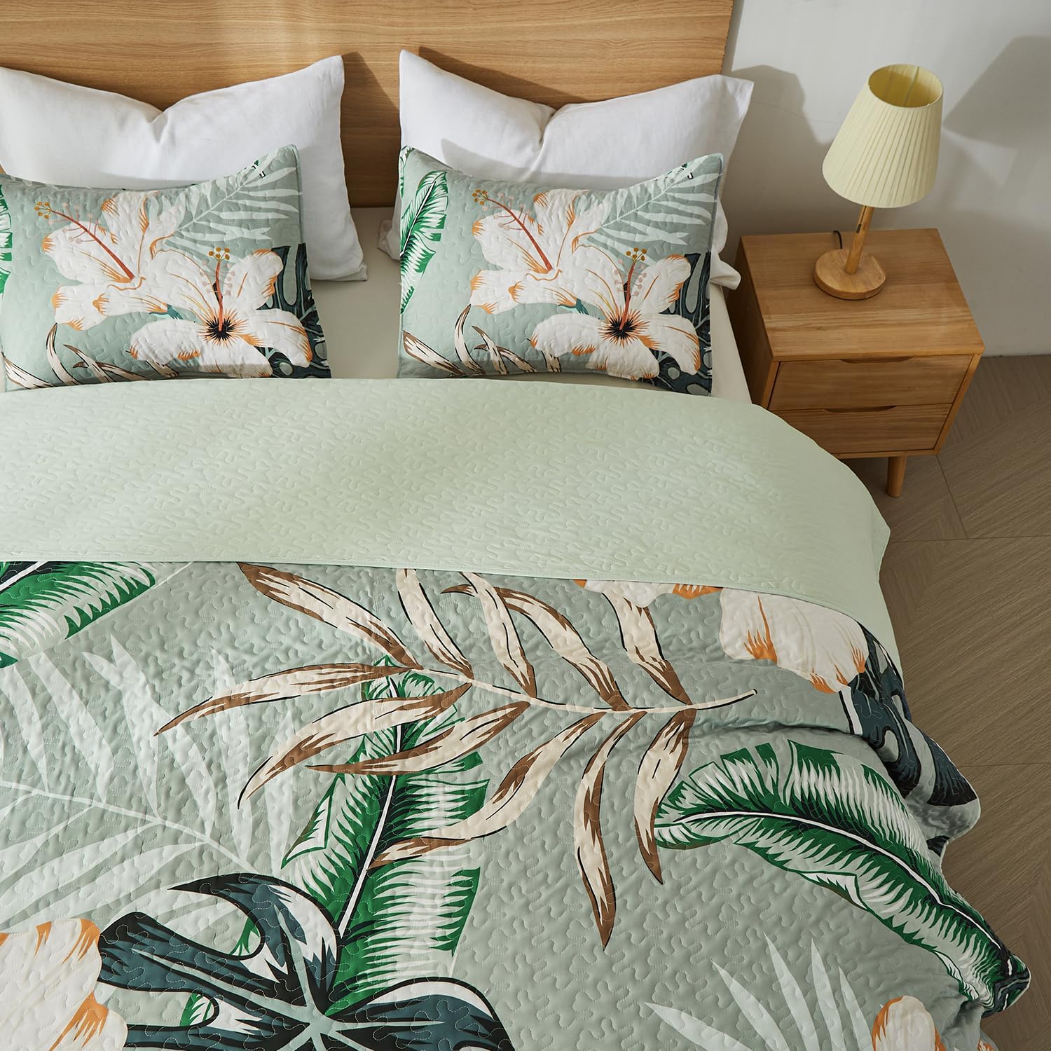 Yogeneg Queen Quilt Bedding Set Sage Green Botanical Pattern 90x96