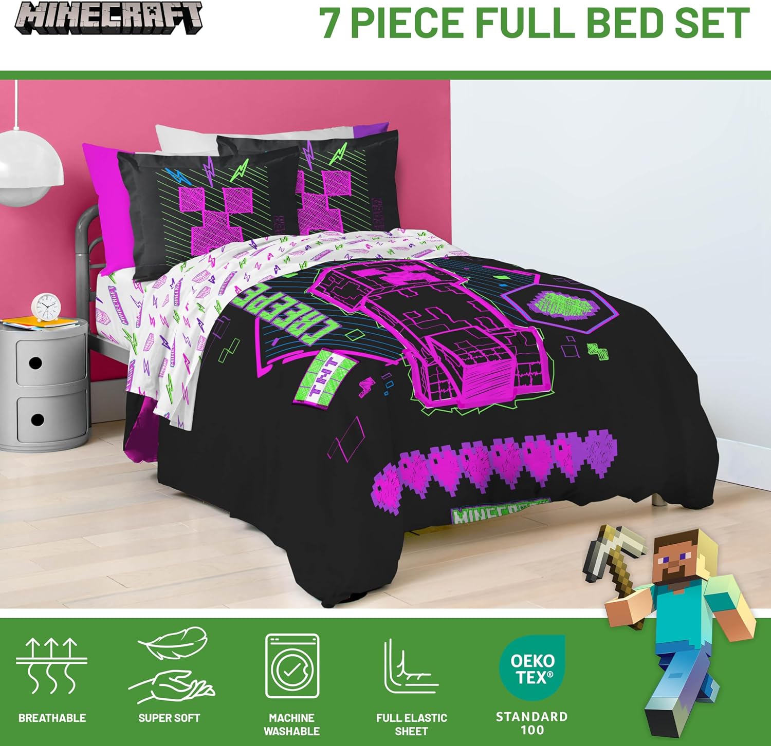 Minecraft Comforter Set - 7 Piece Neon Kids Bedding