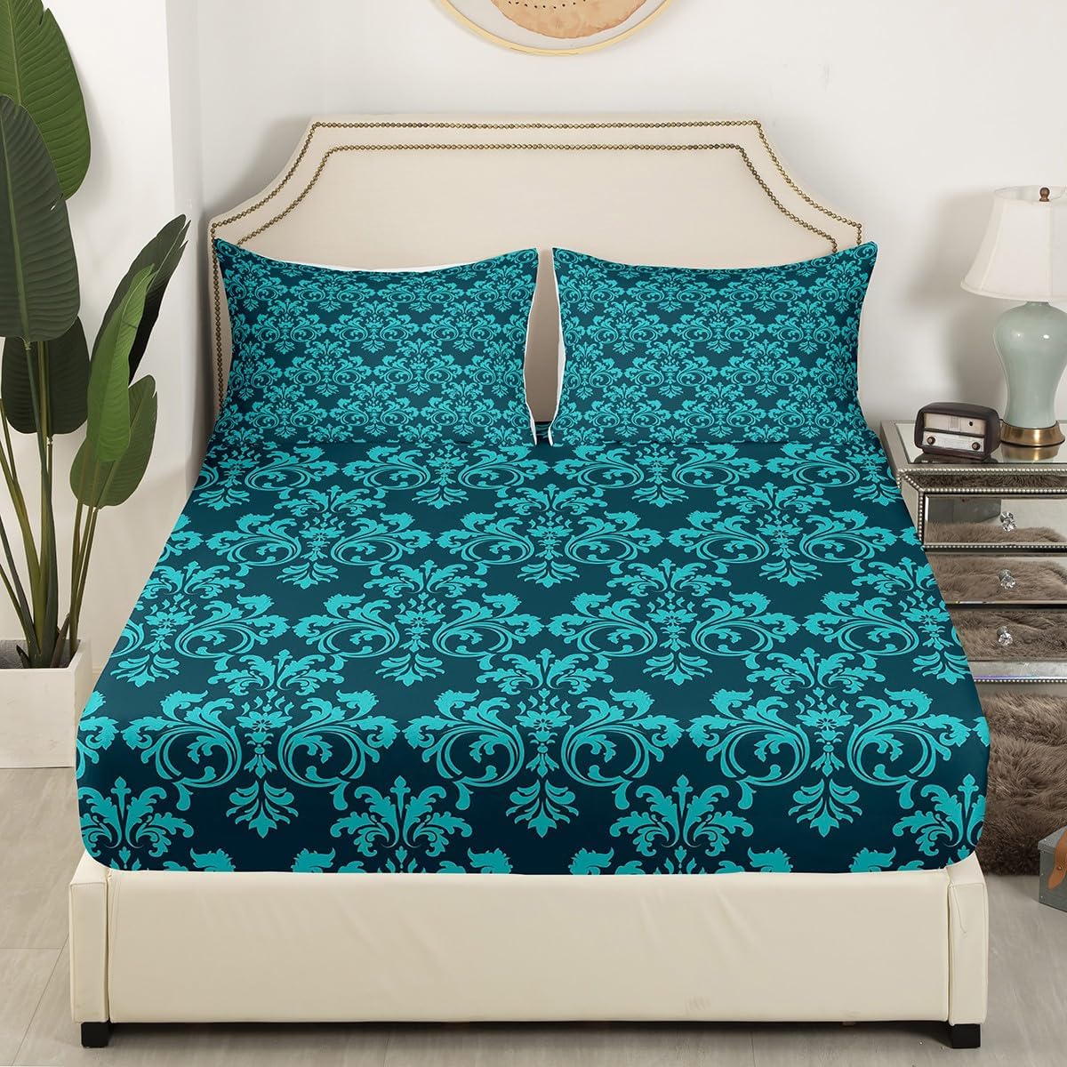 Erosebridal Damask Sheet Set Turquoise Teal 3 pcs Deep Pockets