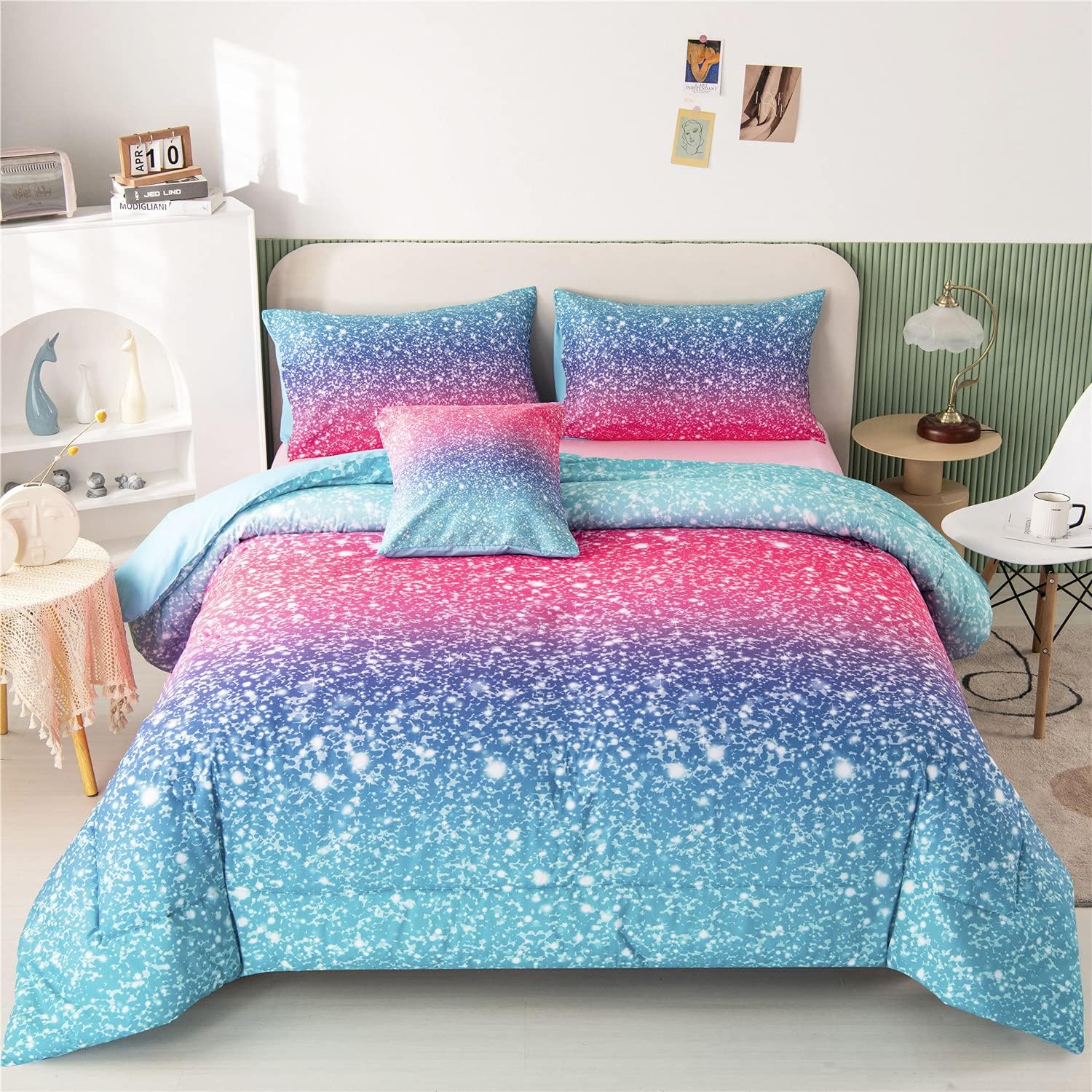 RYNGHIPY 6Pcs Glitter Comforter Set for Teen Girls
