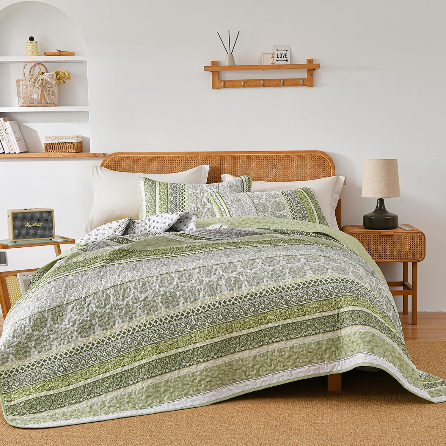 WONGS BEDDING Sage Green Boho Quilt Set Queen Size 3 Pieces