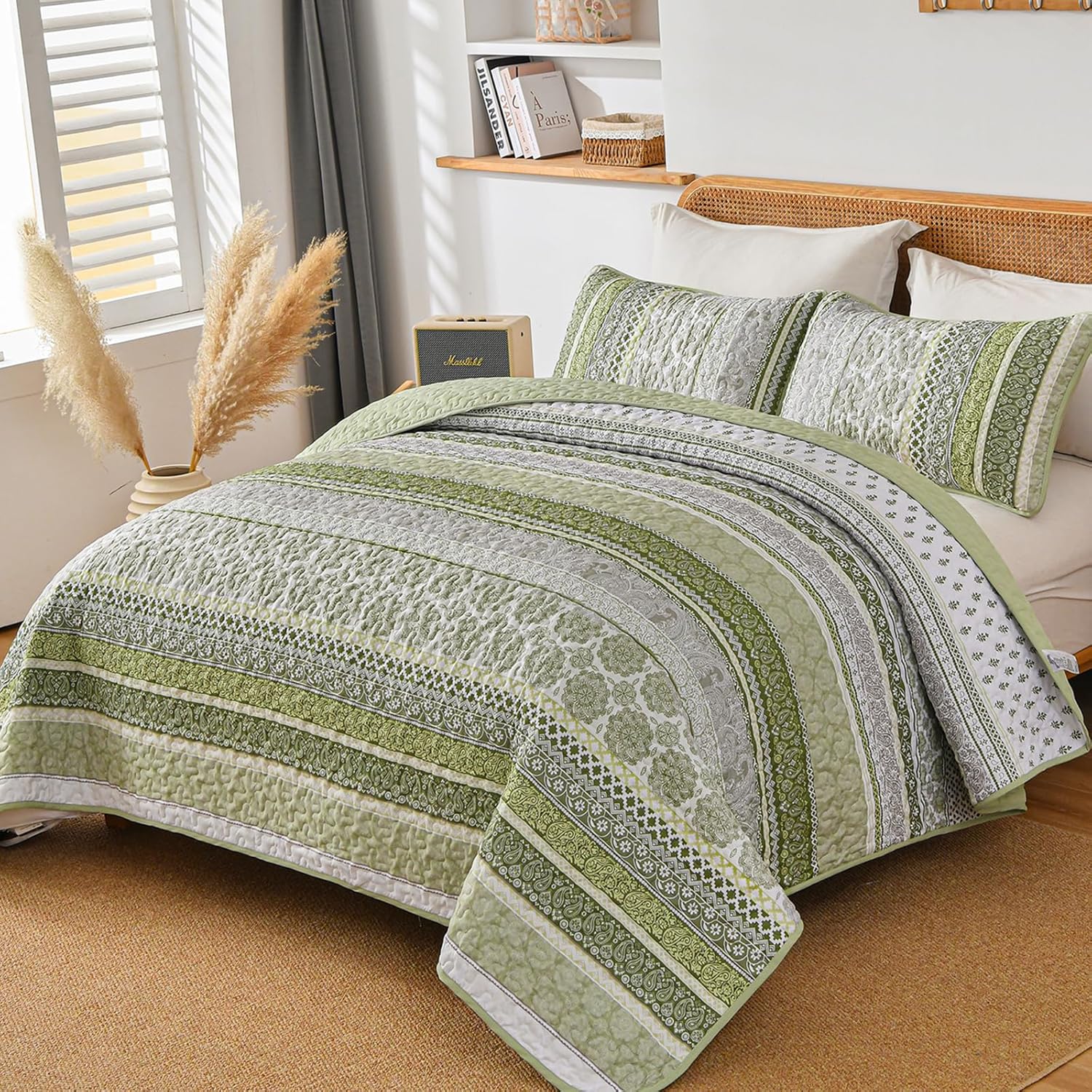 WONGS BEDDING Sage Green Boho Quilt Set Queen Size 3 Pieces
