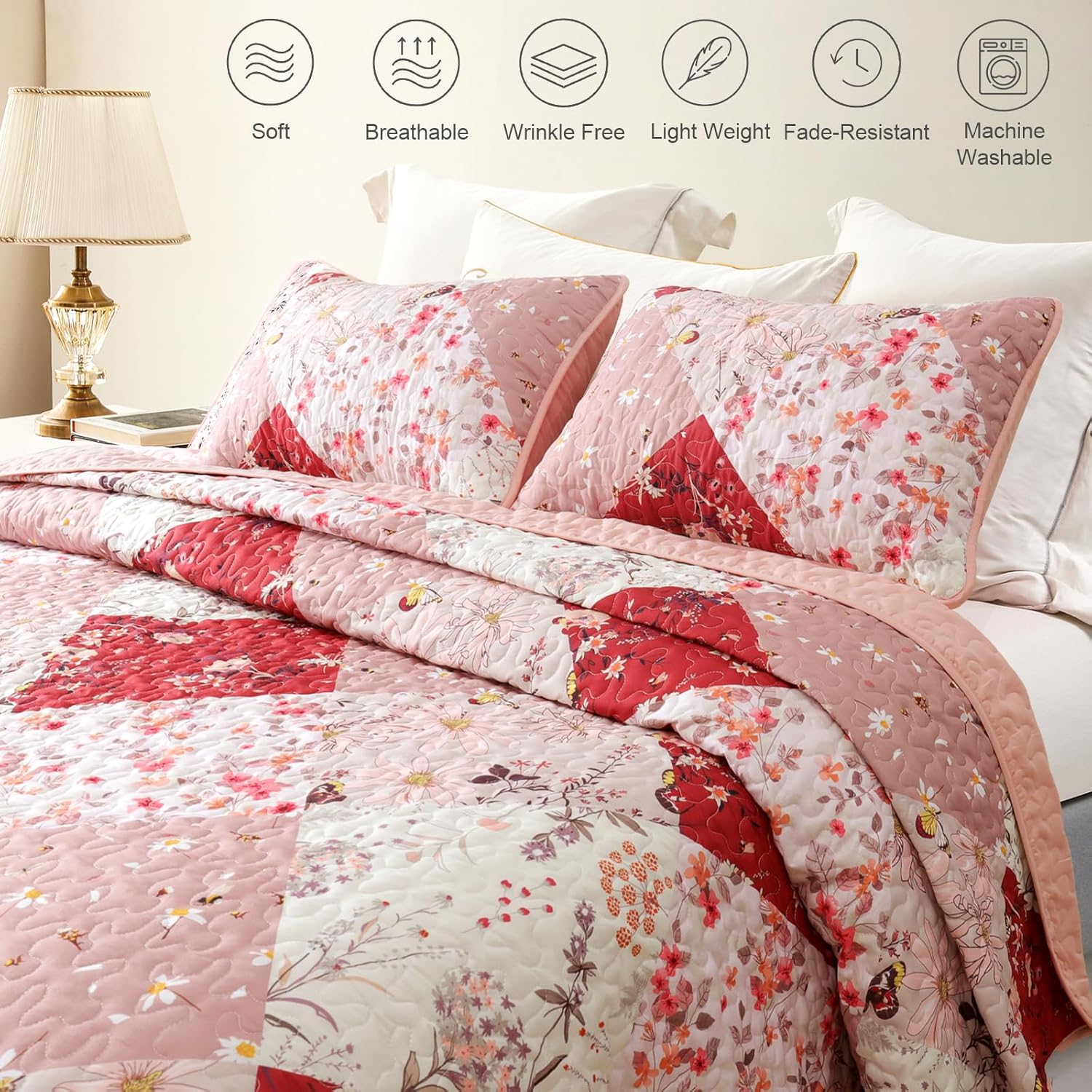Whale Flotilla Reversible Patchwork Quilt Set Twin Size Red
